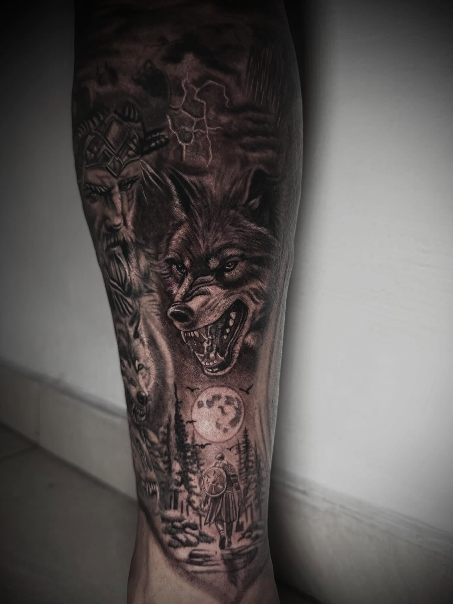 Wolf and warrior realism tattoo on the forearm by Daniel Ruiz