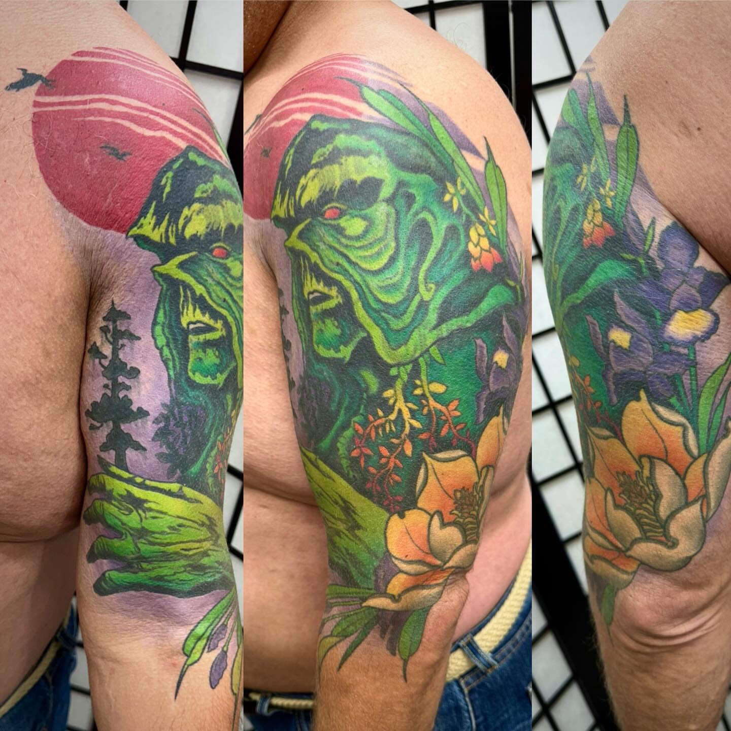 Monster with flowers new school tattoo on the upper arm by Jeremy Justice, New Orleans, Louisiana