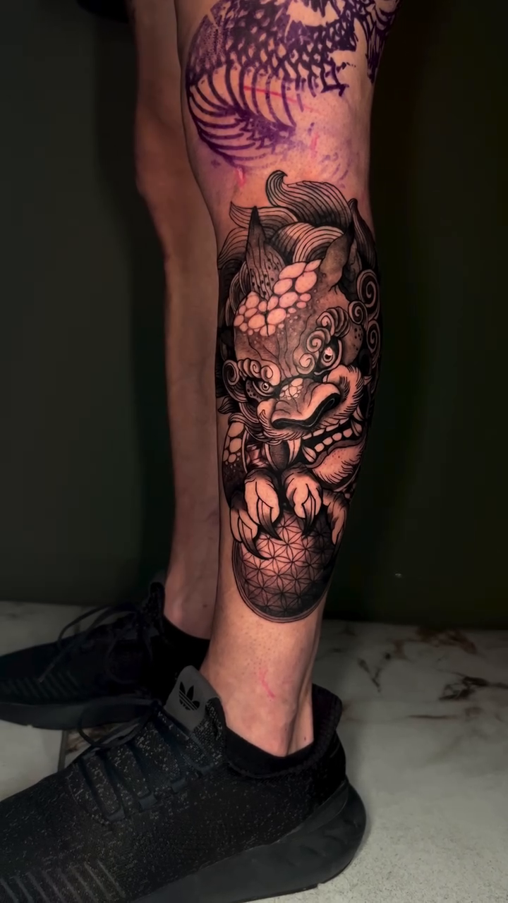 Dragon and foo dog japanese irezumi tattoo by Melissa C, Phoenix, Arizona