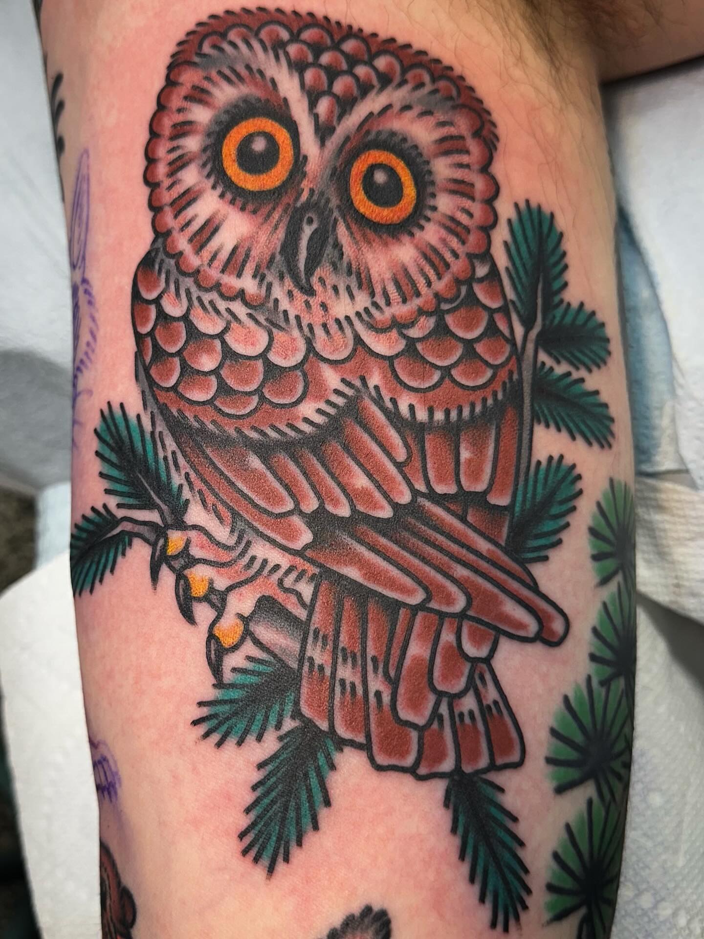 Owl American traditional tattoo on the forearm by Nathan Rohrbacher, Nashville, Tennessee