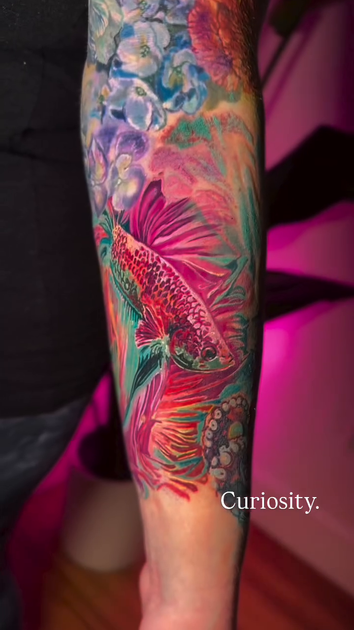 Betta fish with floral elements japanese irezumi tattoo by Colorful Tattoos by Cody Dean