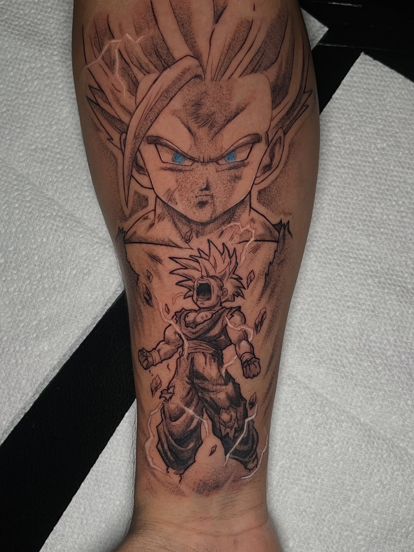 Dragon ball characters realism tattoo on the forearm by Dotwork