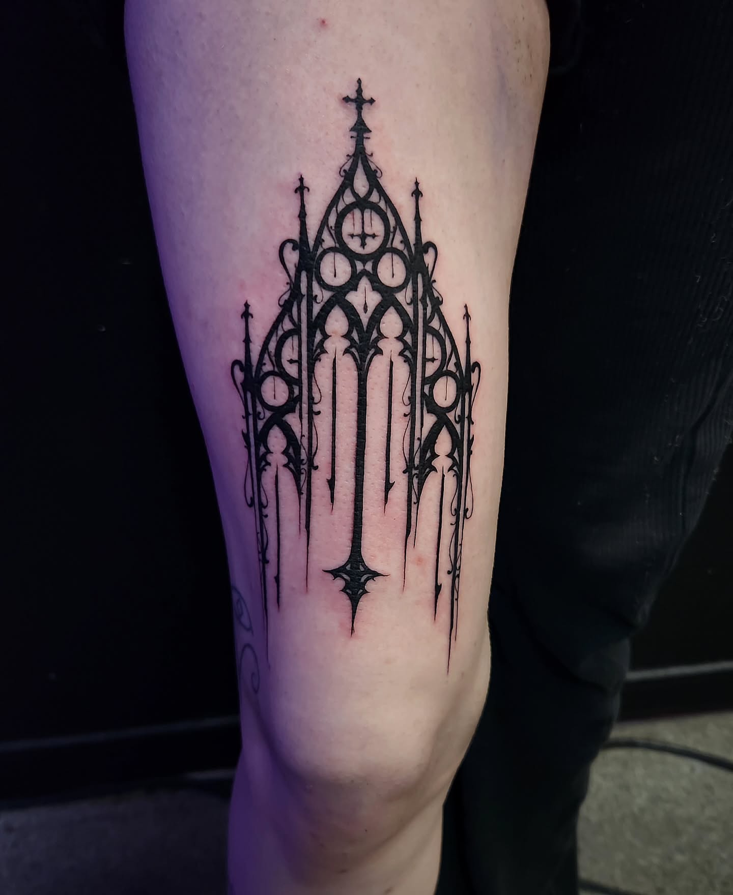 Gothic cathedral black and grey tattoo on the forearm by Adrian Chavez