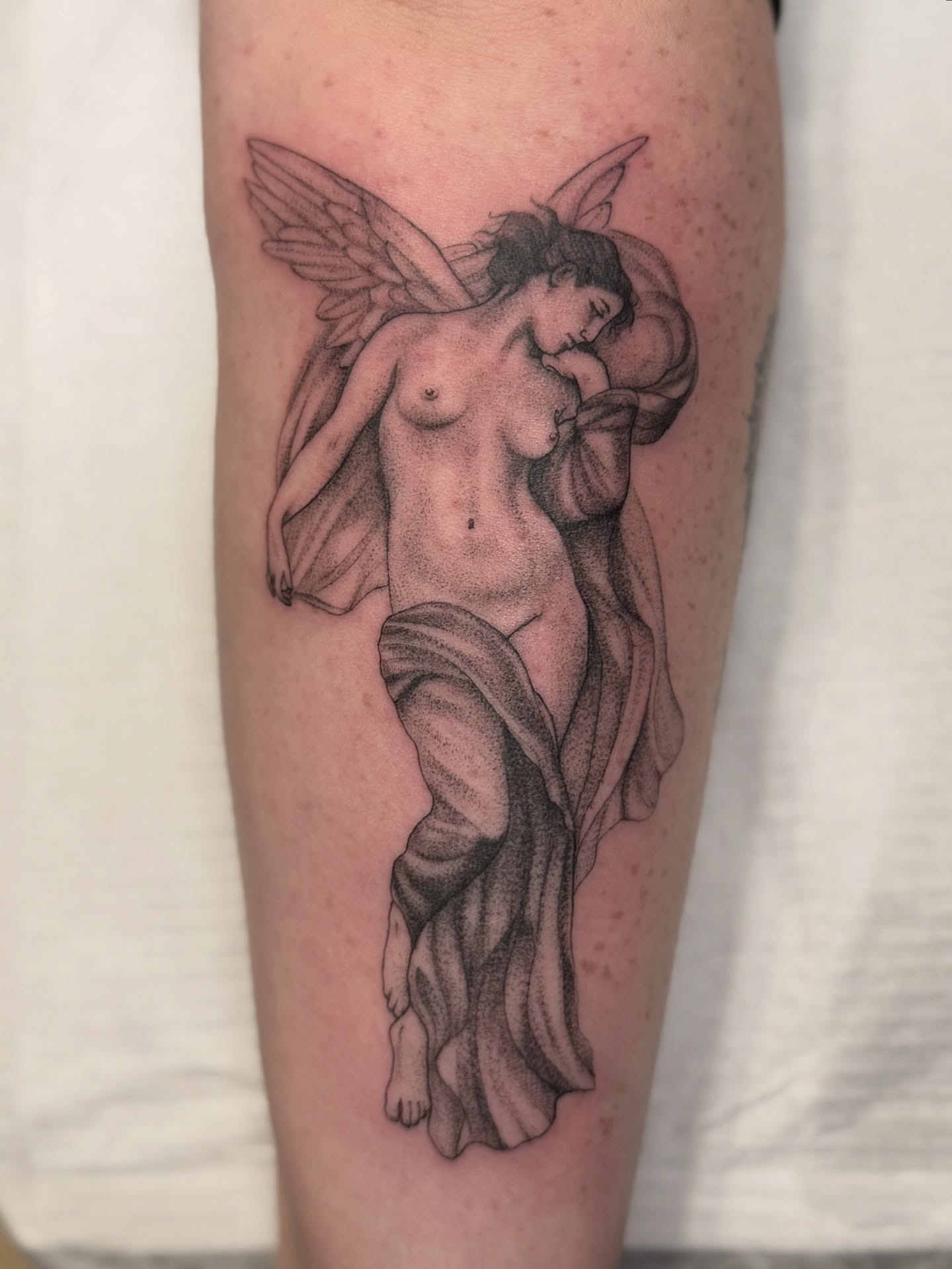 Statue of a winged woman dotwork tattoo on the forearm by ๐ฐ๐๐ข๐๐๐ ๐๐ฃ๐๐๐๐ข๐ชฟ