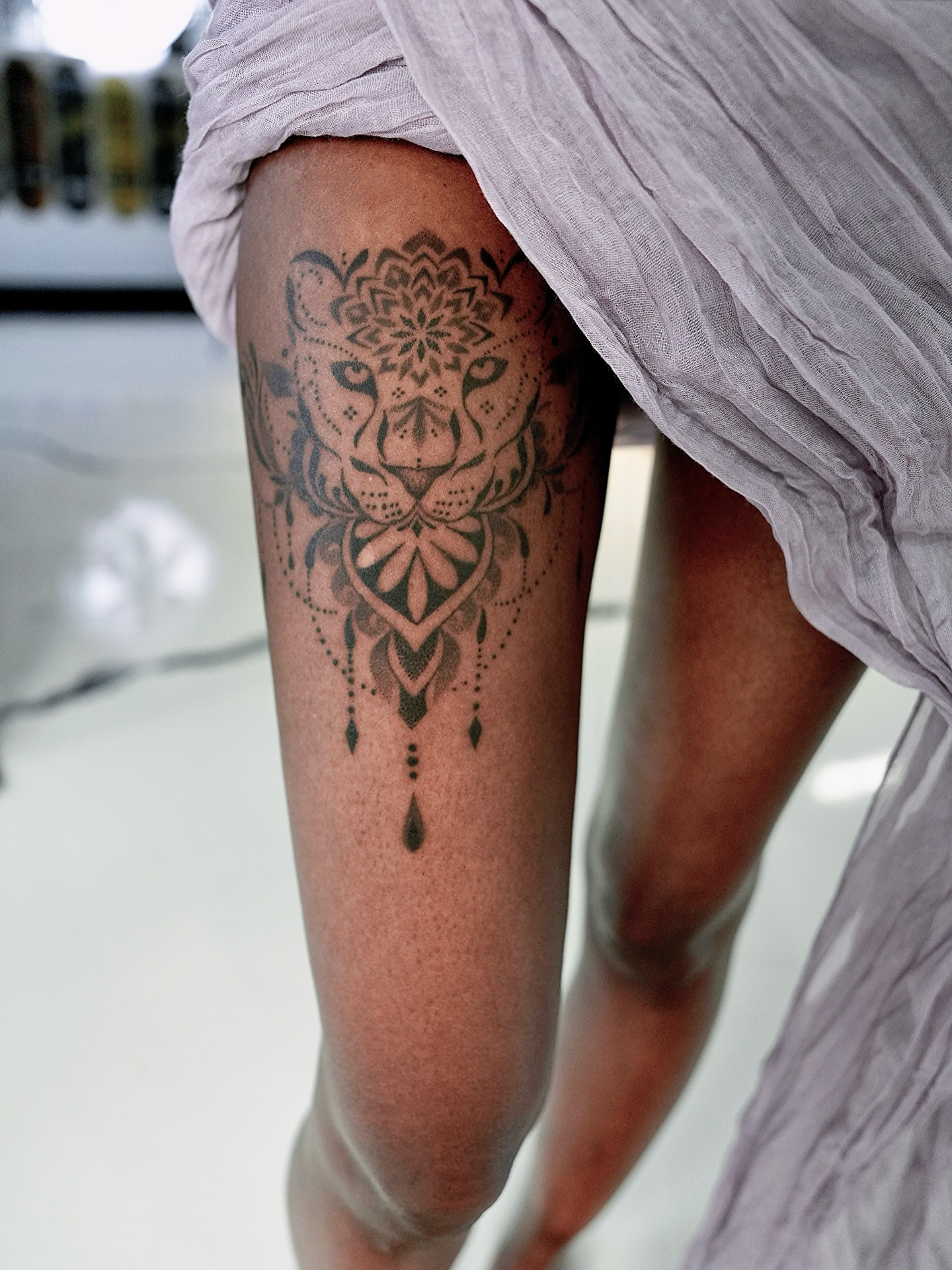 Mandala dotwork tattoo on the thigh by ⓝⓐⓘⓡⓐⓓⓞⓣⓢ