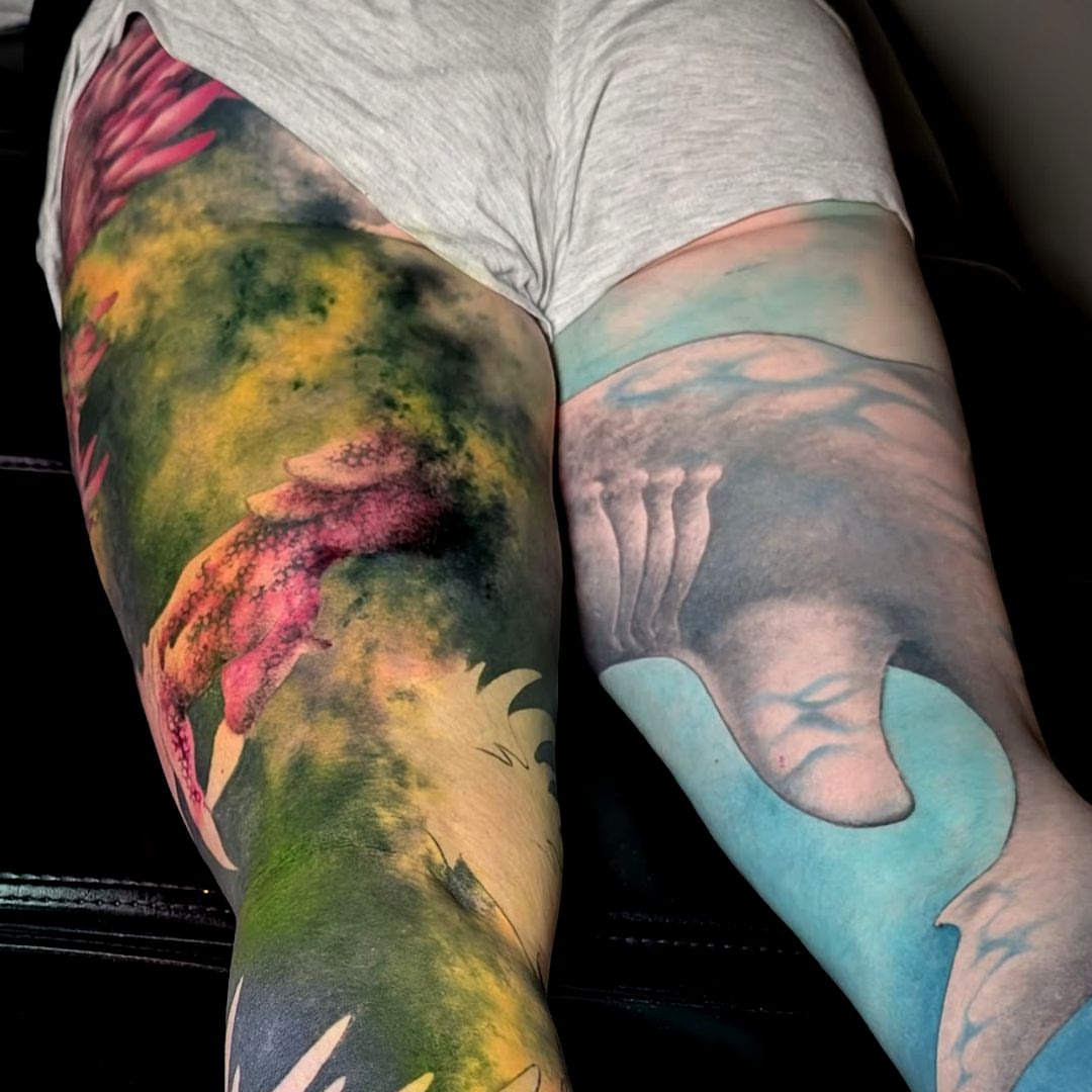Mermaid and octopus watercolor tattoo on the leg by Dave Chercourt, Willoughby, Ohio