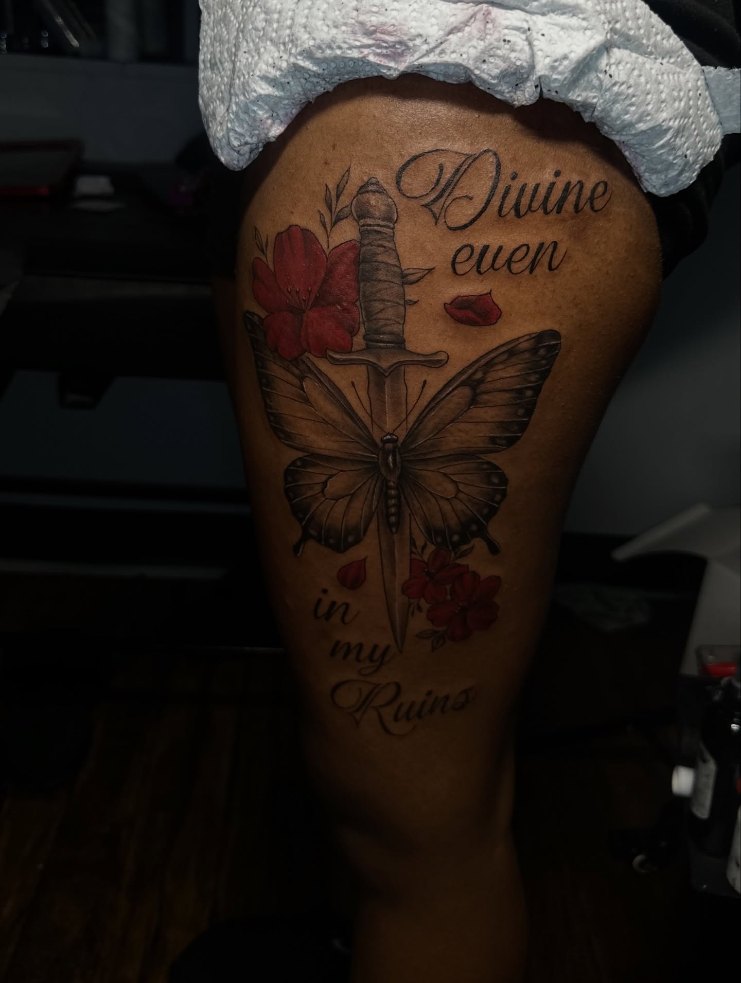 Divine even in my ruins realism tattoo on the thigh by Chris (Pikasso)
