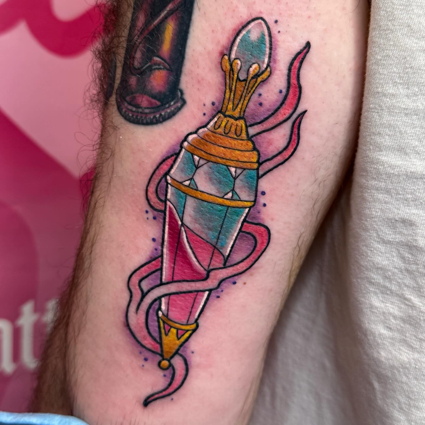 Sword with snake American traditional tattoo on the forearm by Chelsea Graham, Seattle, Washington