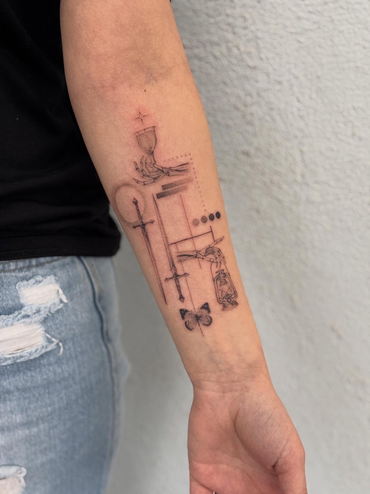 Sword and shield black and grey tattoo on the forearm by Karina ⋆⭒˚.⋆