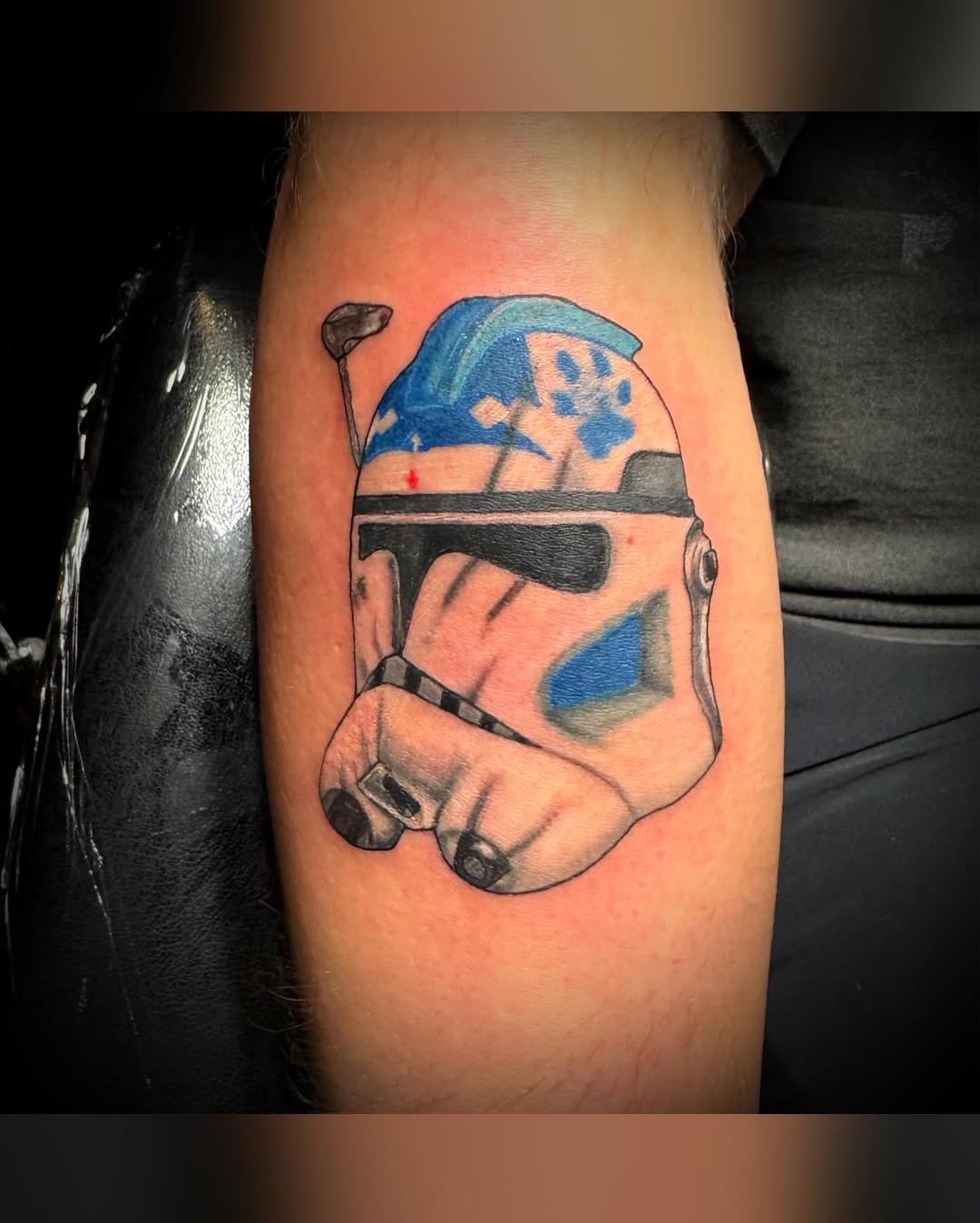 Clone Trooper helmet tattoo on the forearm by Chris Adkins Tattoos, Chattanooga, Tennessee