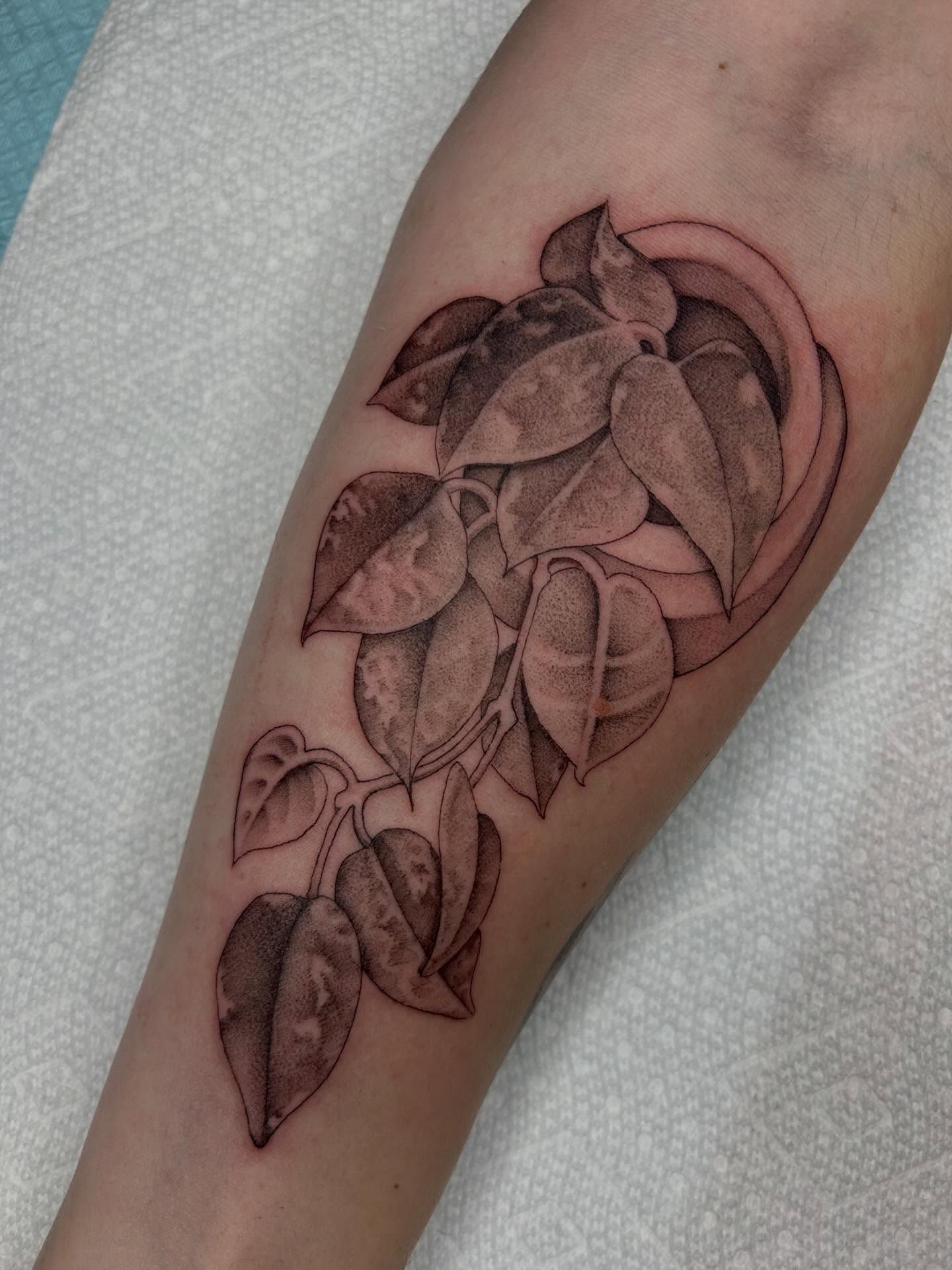 Leaf cluster black and grey tattoo on the forearm by Olivia Fox