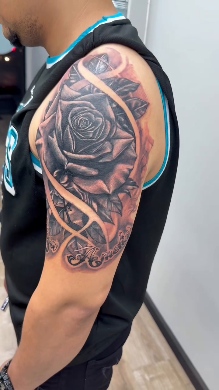 Tattoo by @thecatrinaink — black_and_grey, realism