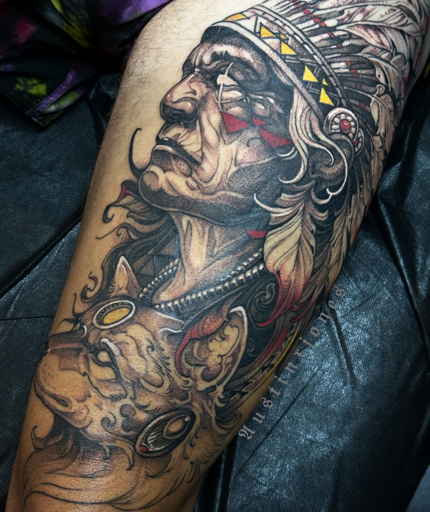 Indian chief American traditional tattoo on the forearm by 👻✦ 🅐🅤🅢🅣🅘🅝🅧🅙🅞🅝🅔🅢 ✦👻
