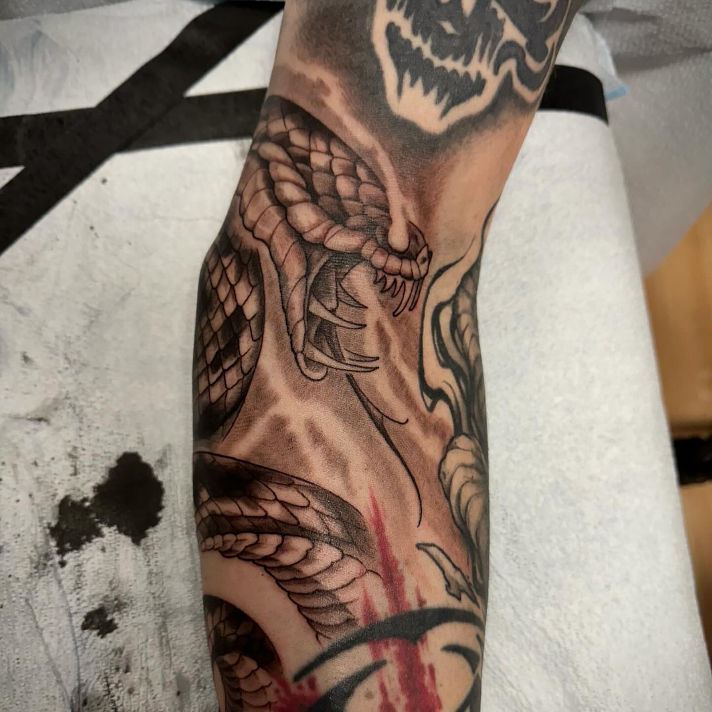 Snake and skull realism tattoo on the forearm by Sebastian Livingston