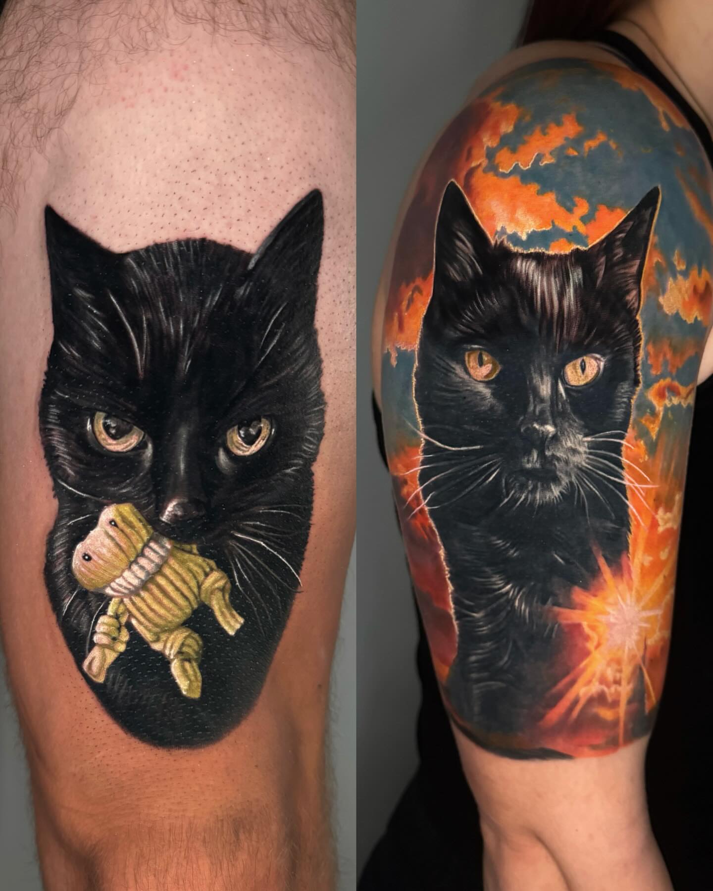 Black cat realism tattoo on the forearm by Preston