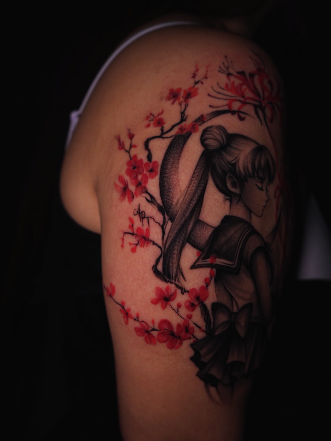Anime character with cherry blossoms anime tattoo on the shoulder by Apolo