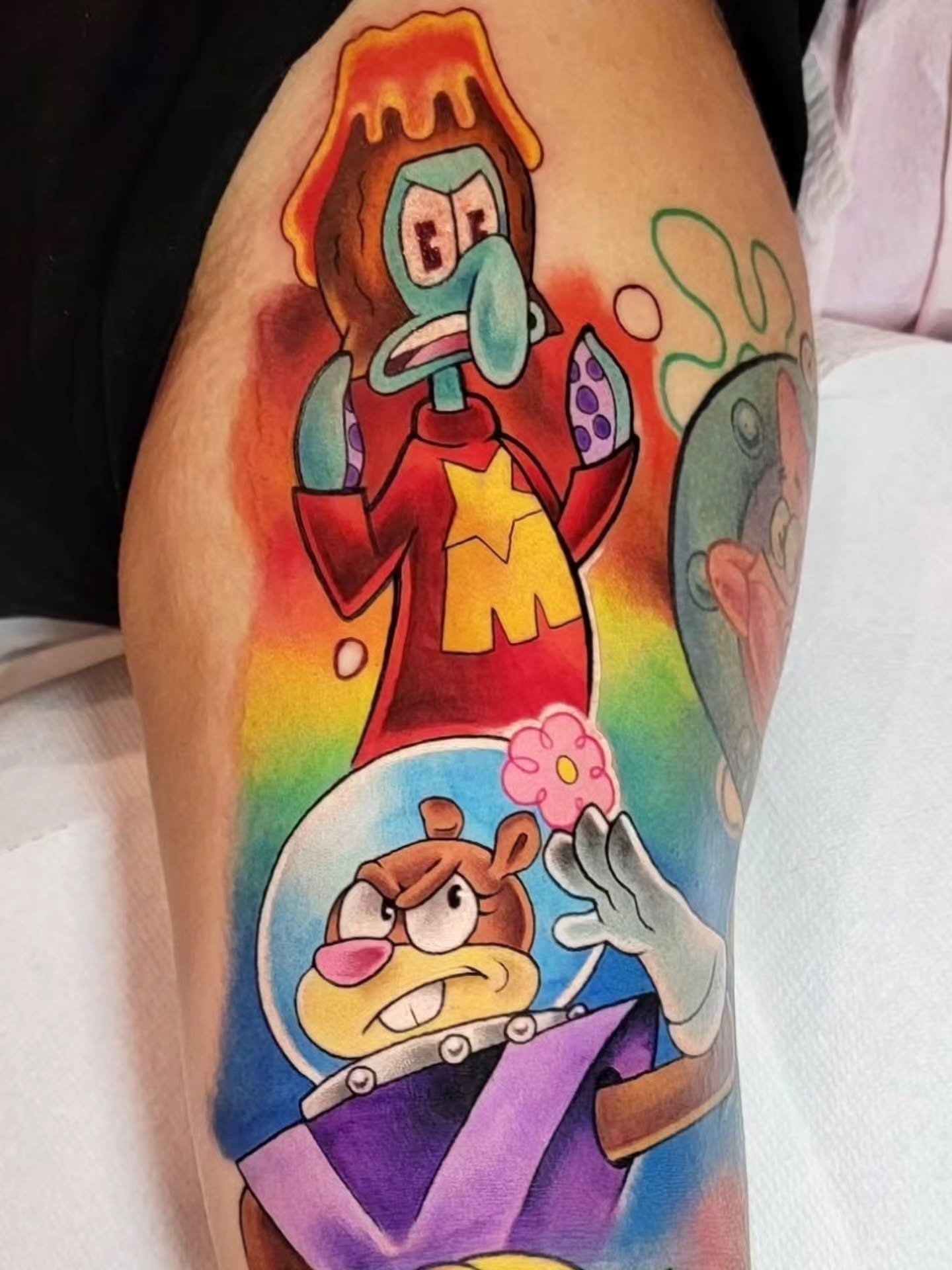 Cartoon characters illustrative tattoo on the forearm by Melissa Does Tattoos - Bright, Bold Anime &