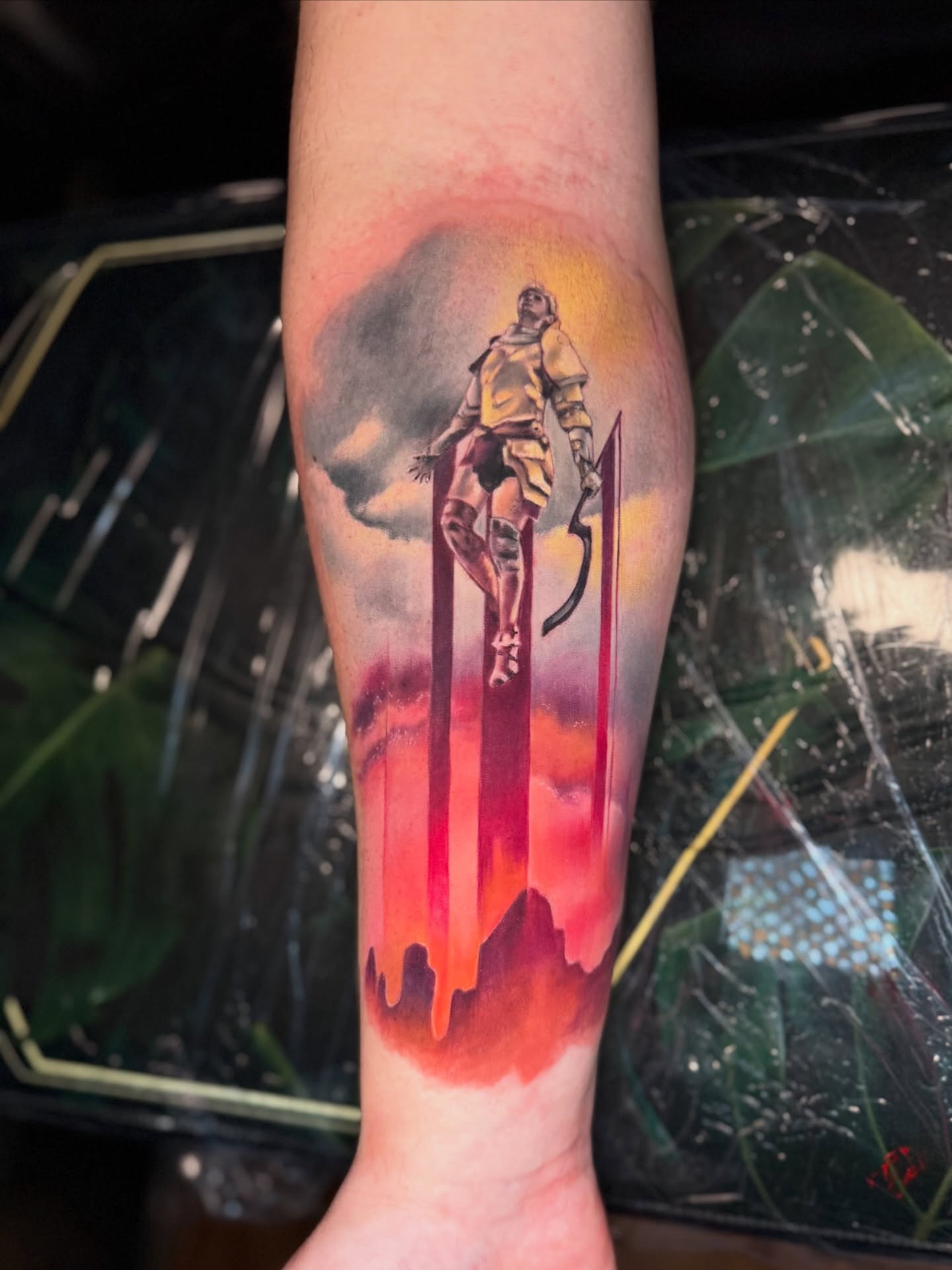 Warrior on sword realism tattoo on the forearm by Kelsey Kemp