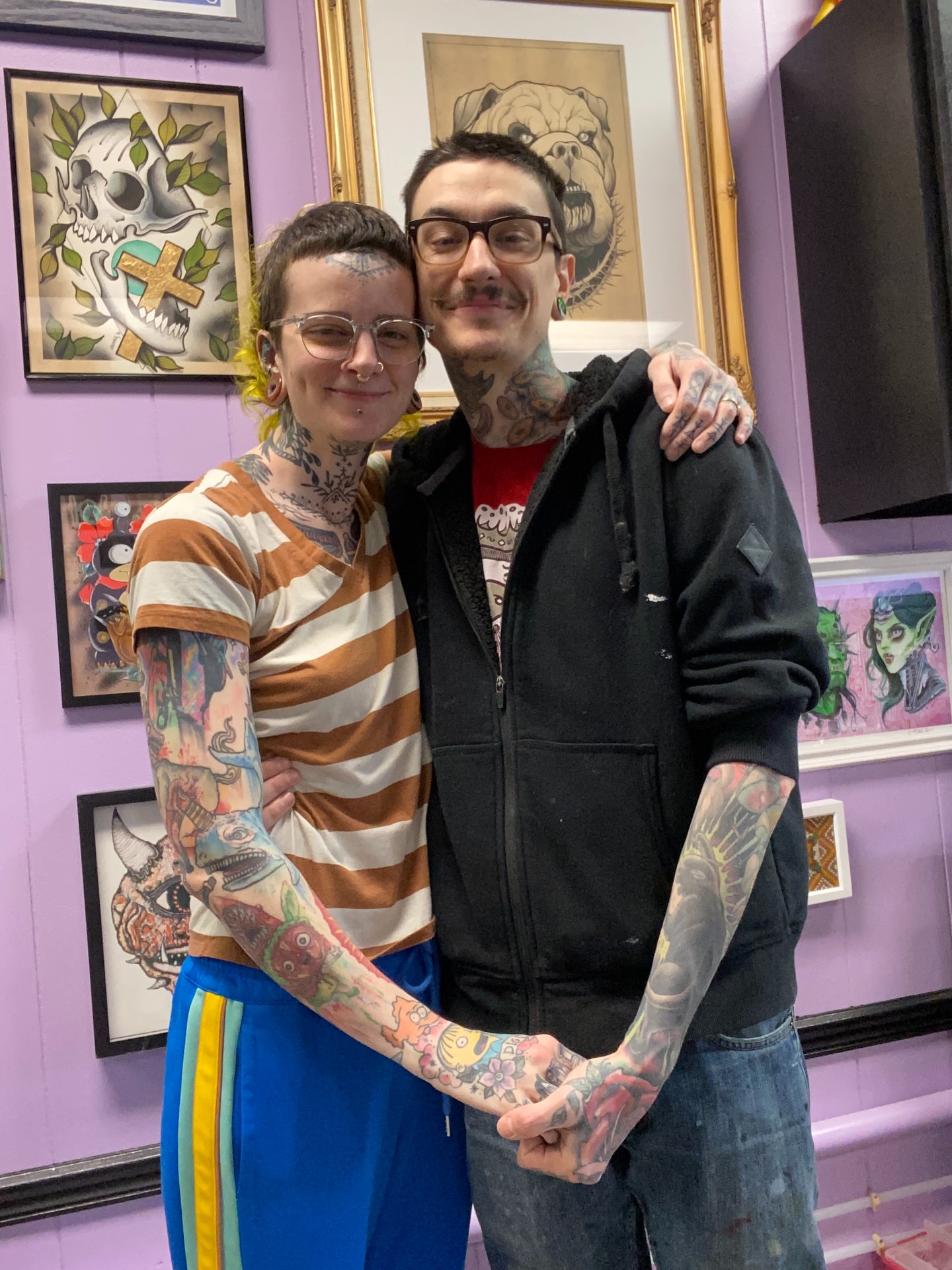 Tattooed couple American traditional tattoo on the upper arm by 🍄Annie Burkhard🍄, Indianapolis, Indiana