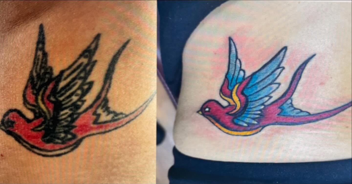 Swallow American traditional tattoo on the shoulder by KJ