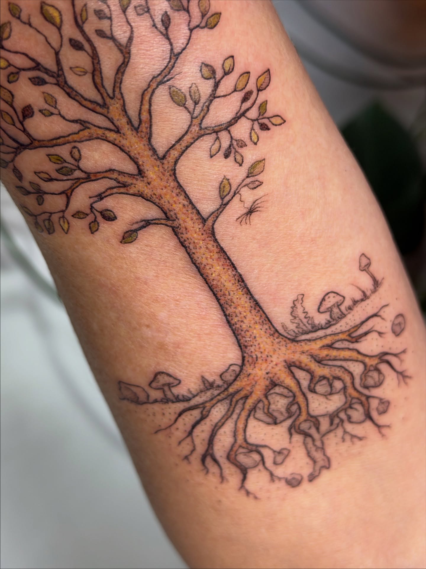 Tree dotwork tattoo on the forearm by Santiago Don, Portland, Oregon