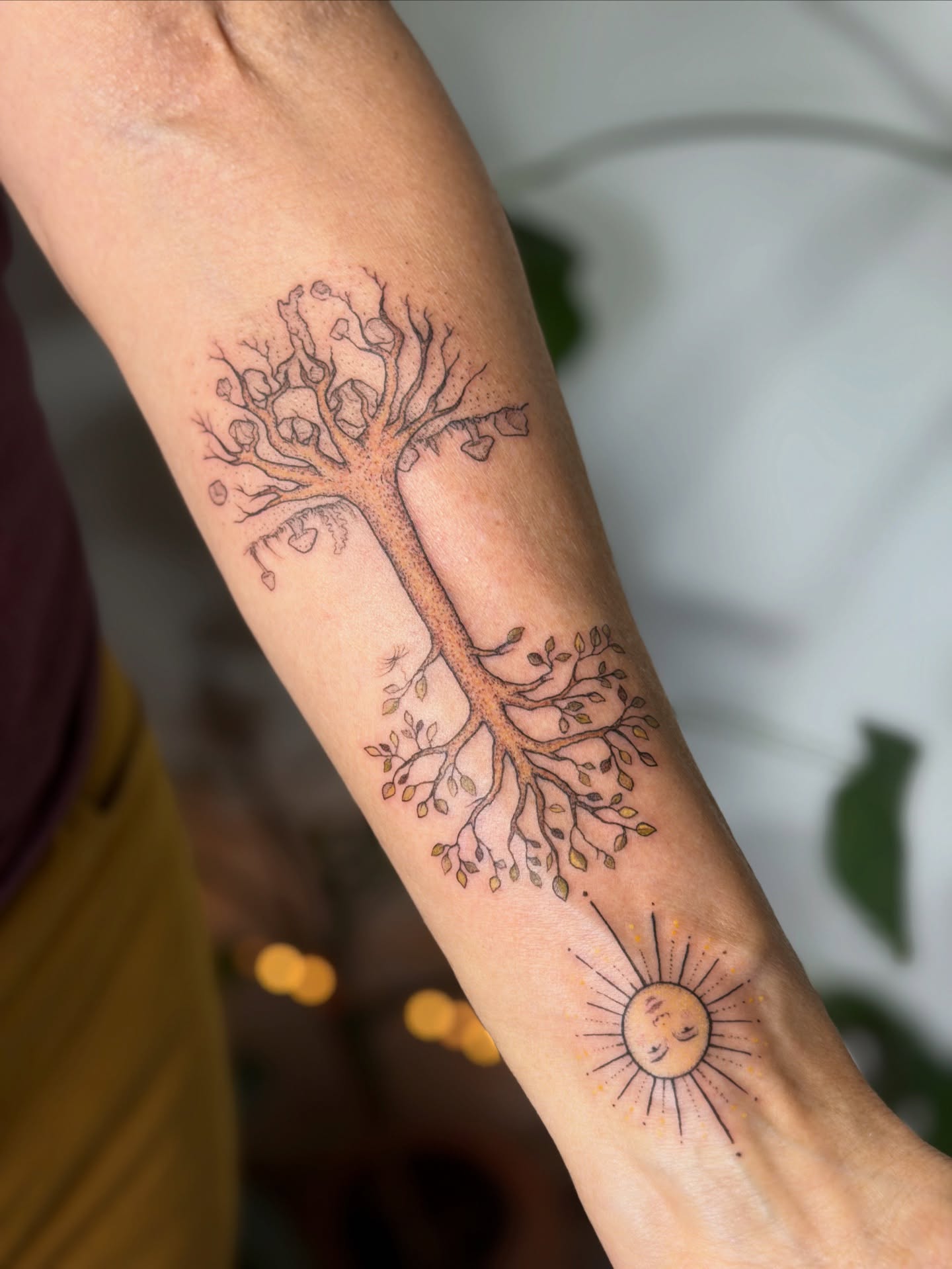 Tree and sun dotwork tattoo on the forearm by Santiago Don, Portland, Oregon