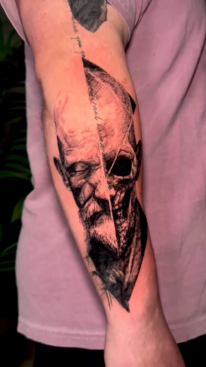 Man and skull realism tattoo by Bwk Dark Art