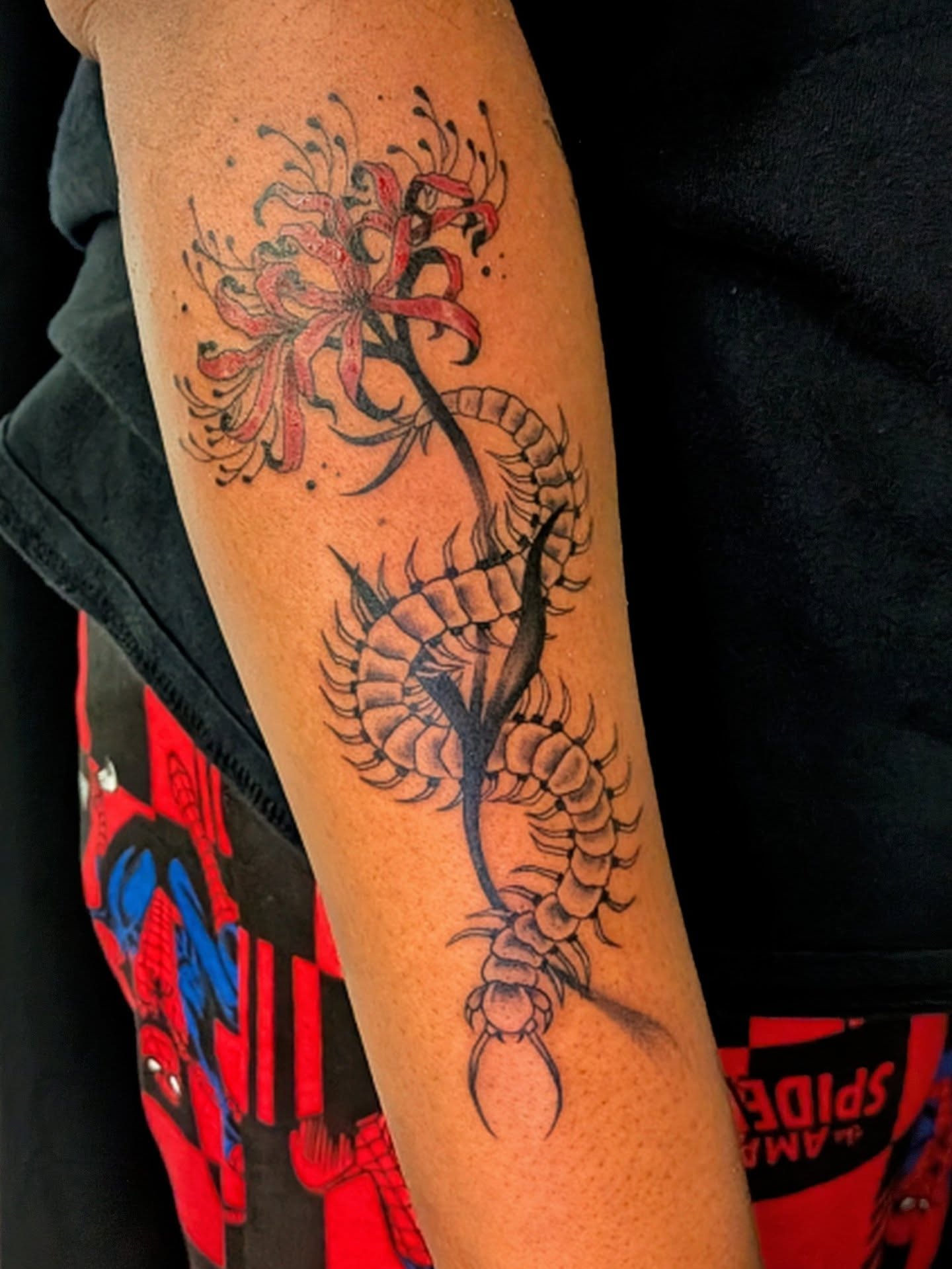 Centipede and flower realism tattoo on the forearm by Shannon