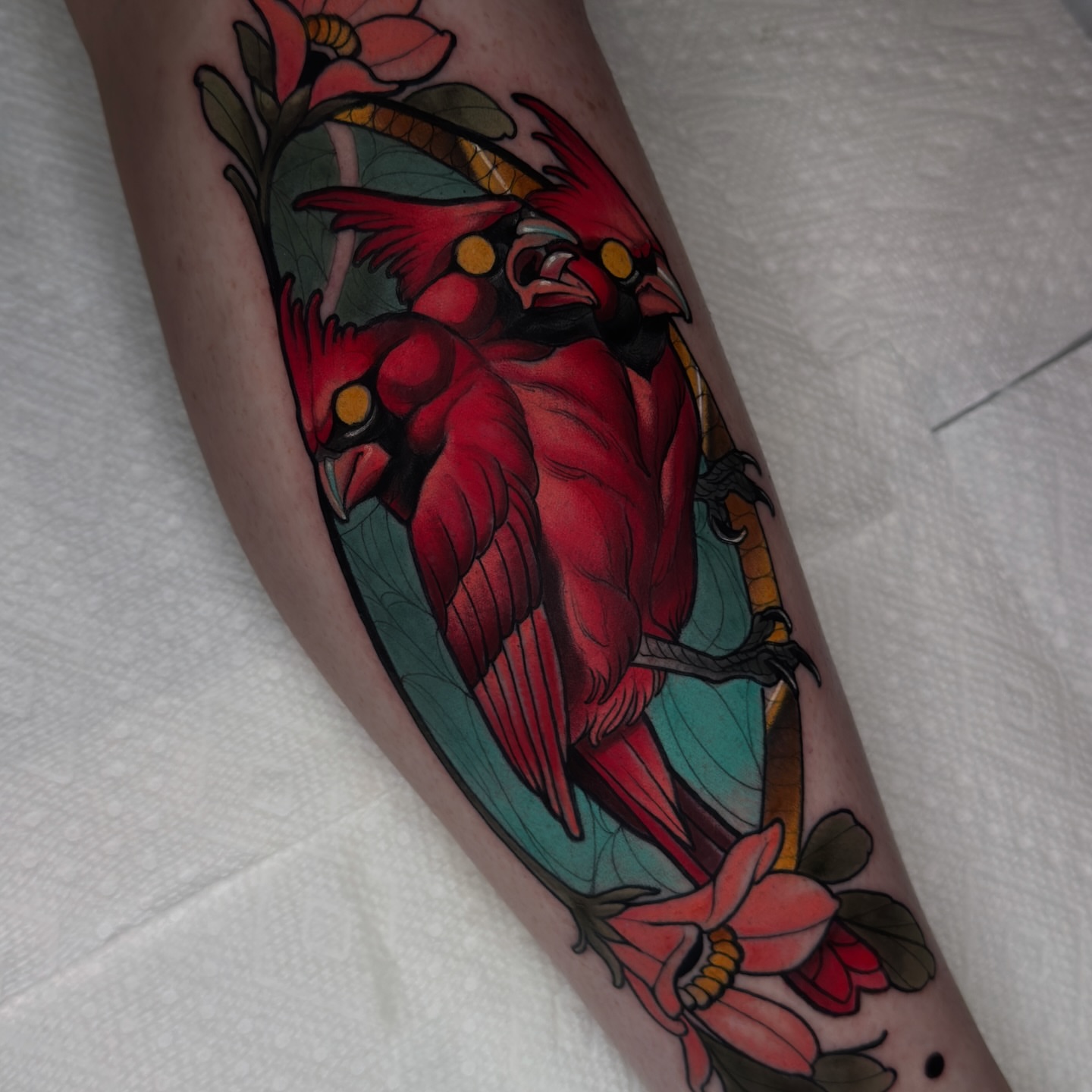 Cardinal bird American traditional tattoo on the forearm by Golden Heart Tattoo Co