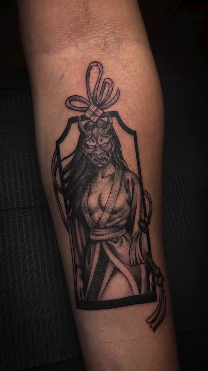Geisha with mask japanese irezumi tattoo by Alexandria
