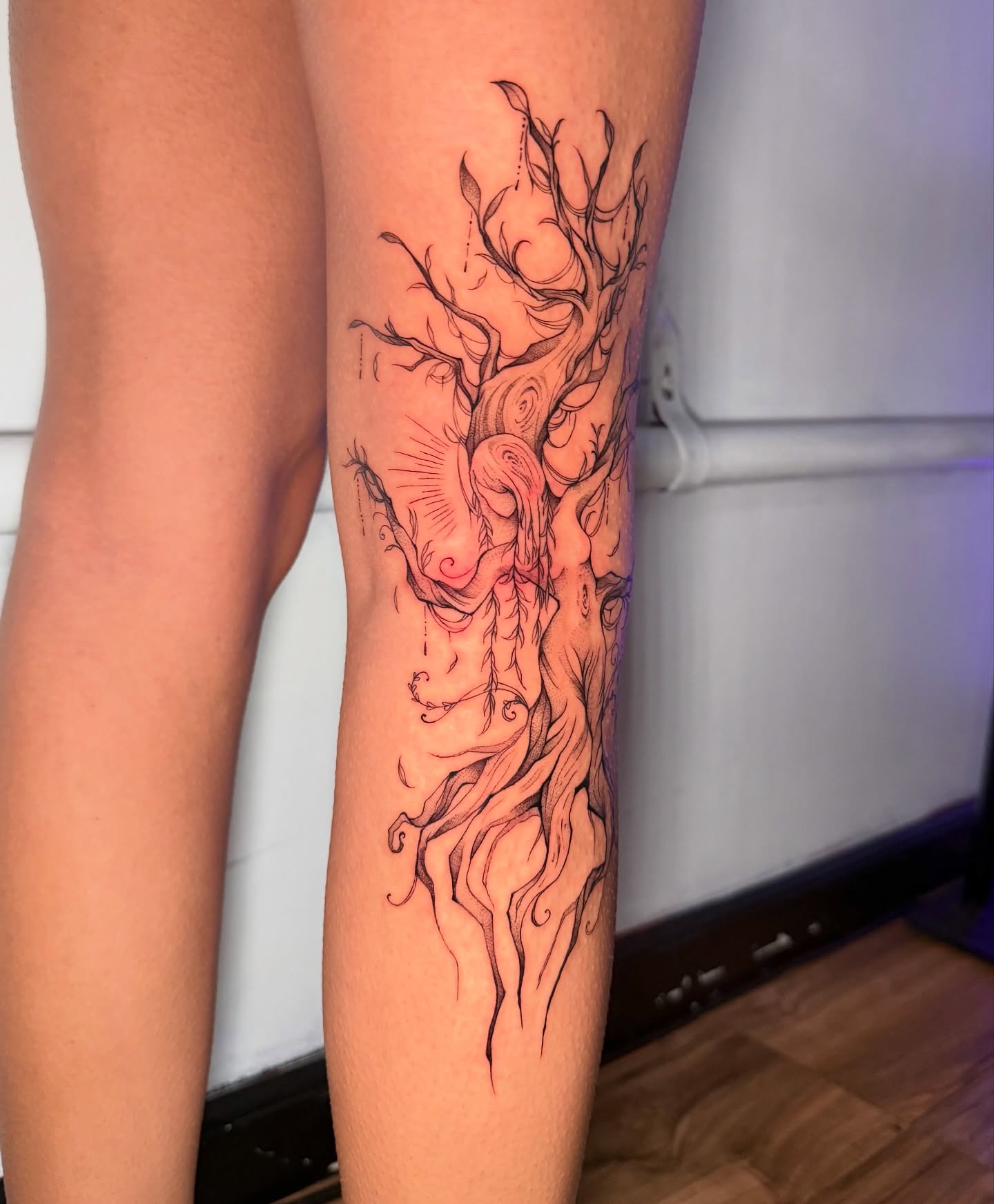 Tree and woman surrealism tattoo on the leg by aamora ꩜