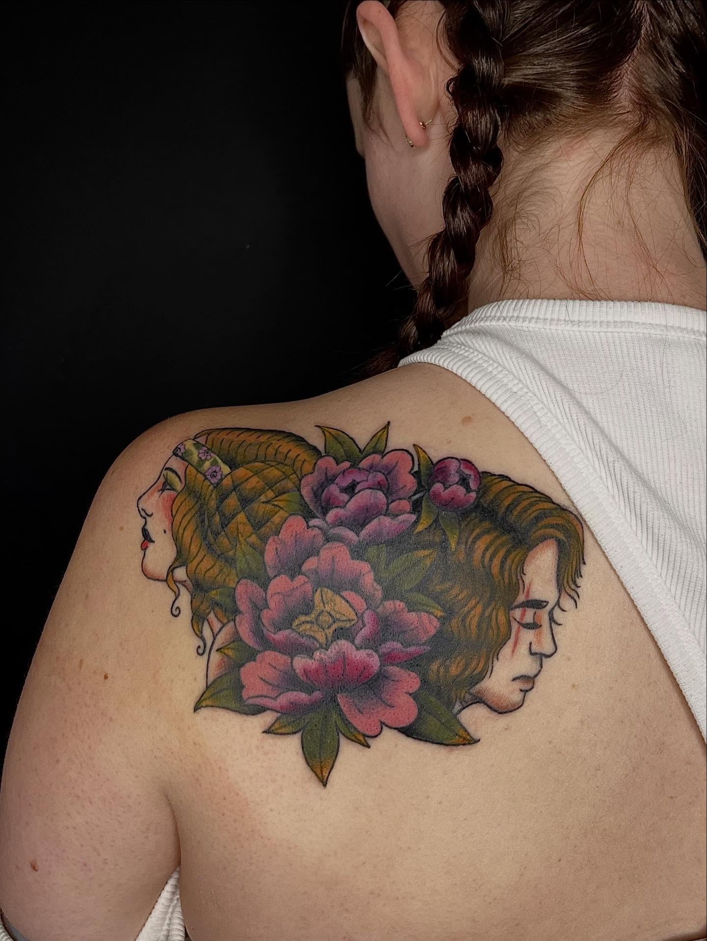 Floral portrait illustrative tattoo on the shoulder by Chase Healey, Salt Lake City, Utah