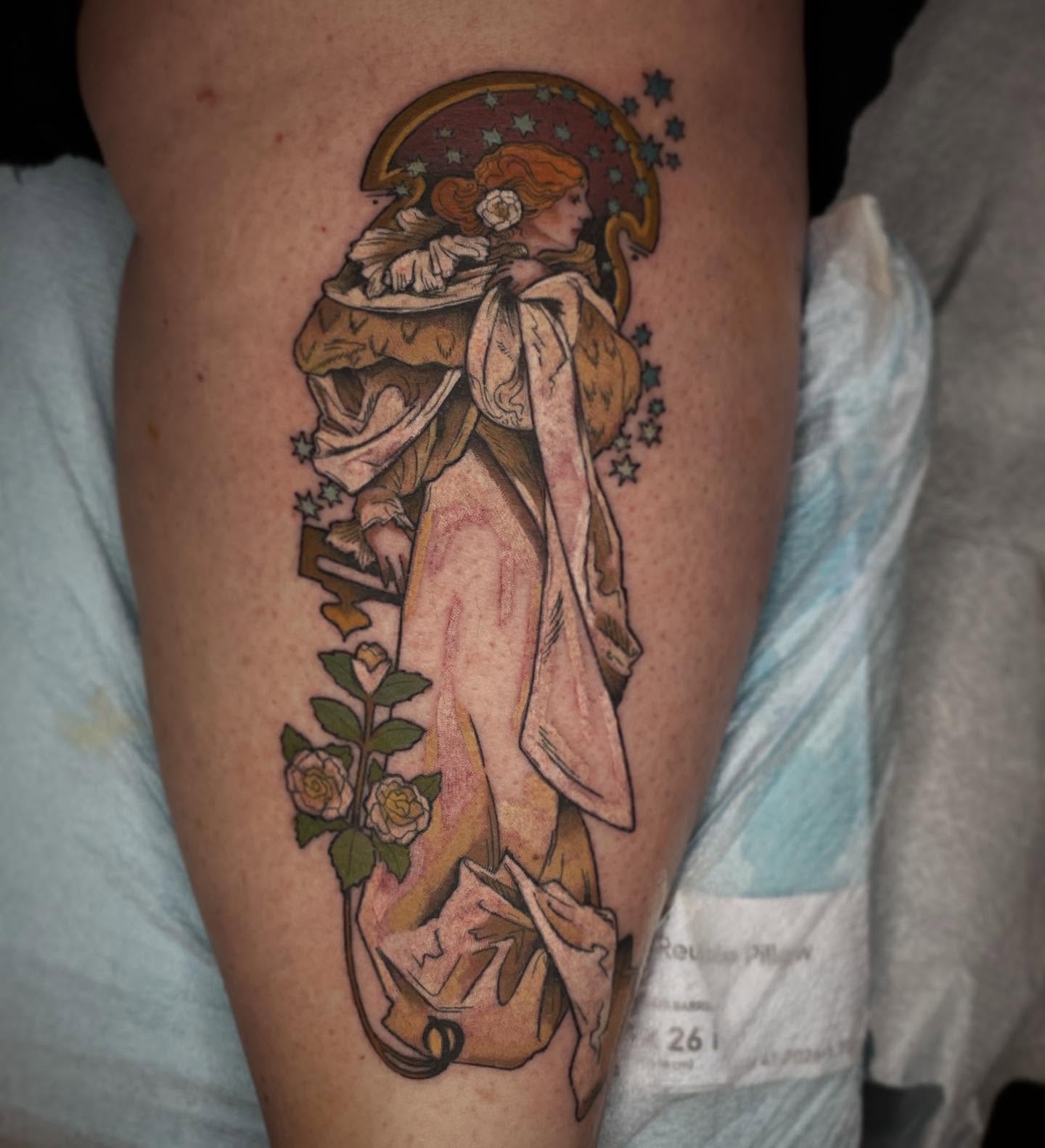 Woman with flowers illustrative tattoo on the thigh by Katy Bisby