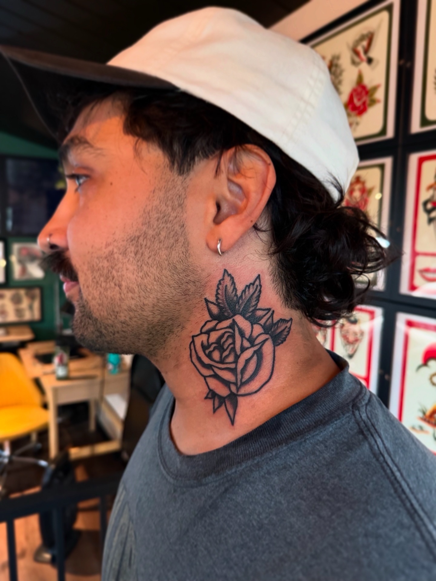 Rose black and grey tattoo on the neck by Clayton - TRADITIONAL TATTOOS