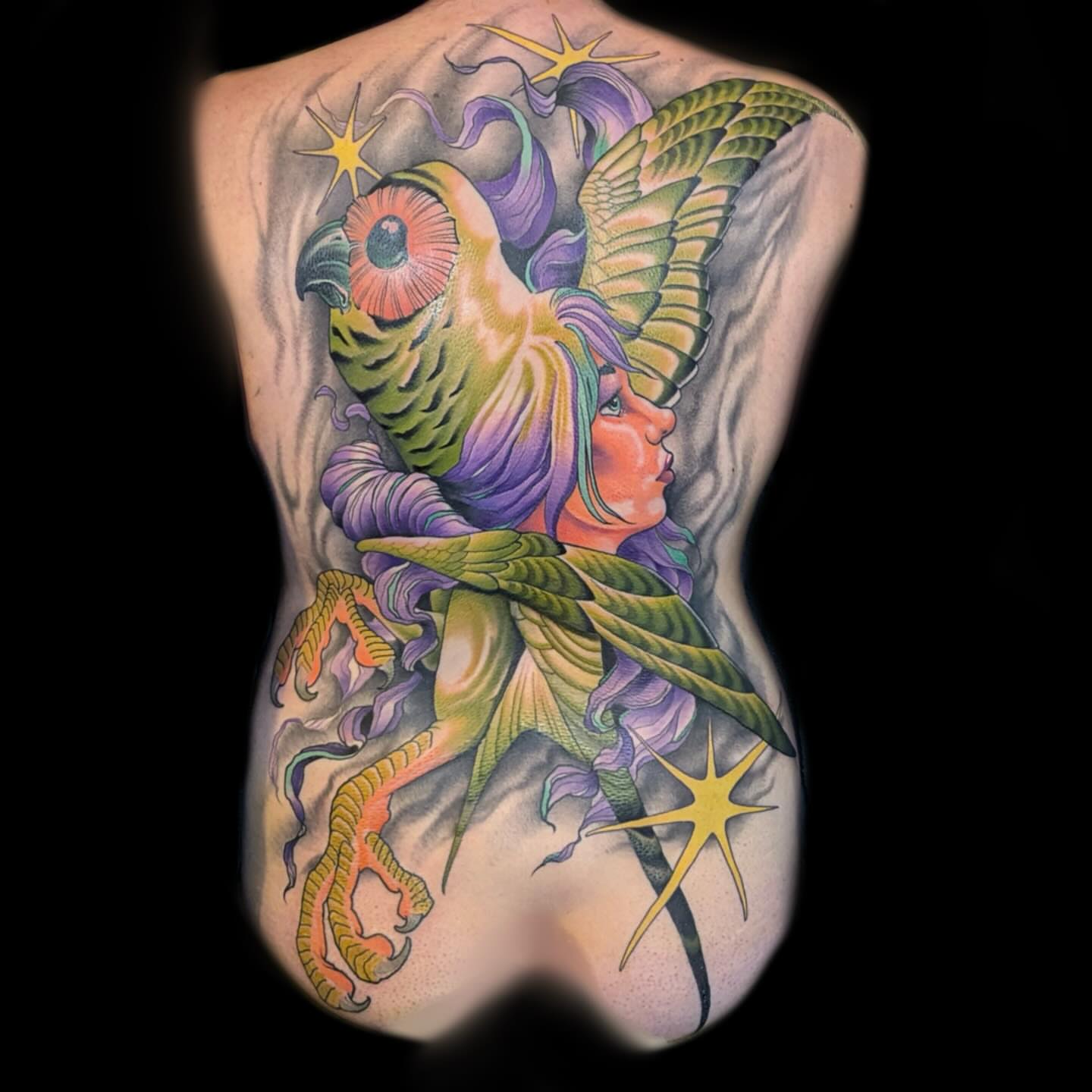 Parrot and woman new school tattoo on the back by Kyle Kozek, Columbus, Ohio