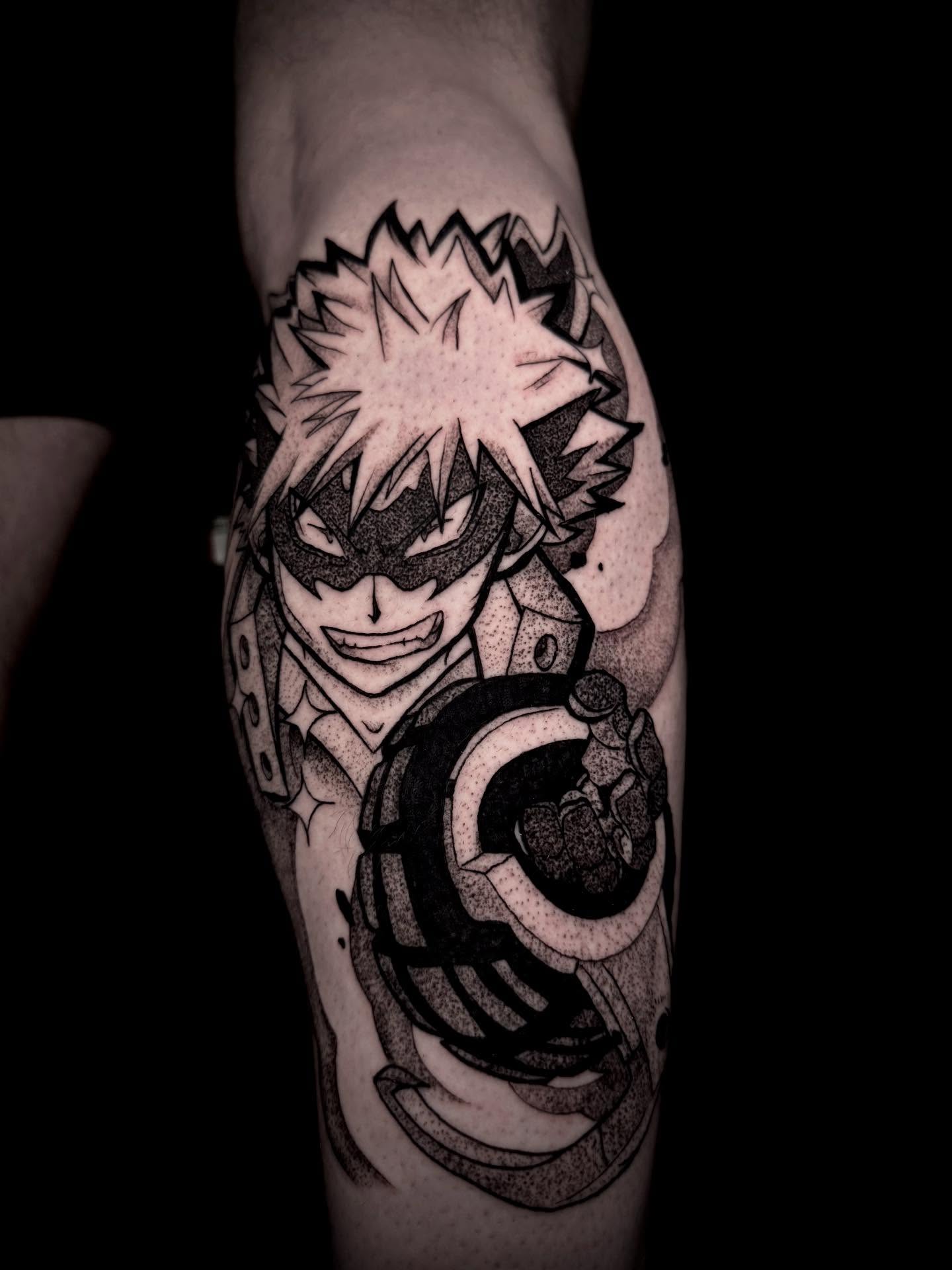 Anime character dotwork tattoo on the forearm by Fire-Breathing Bitch Queen