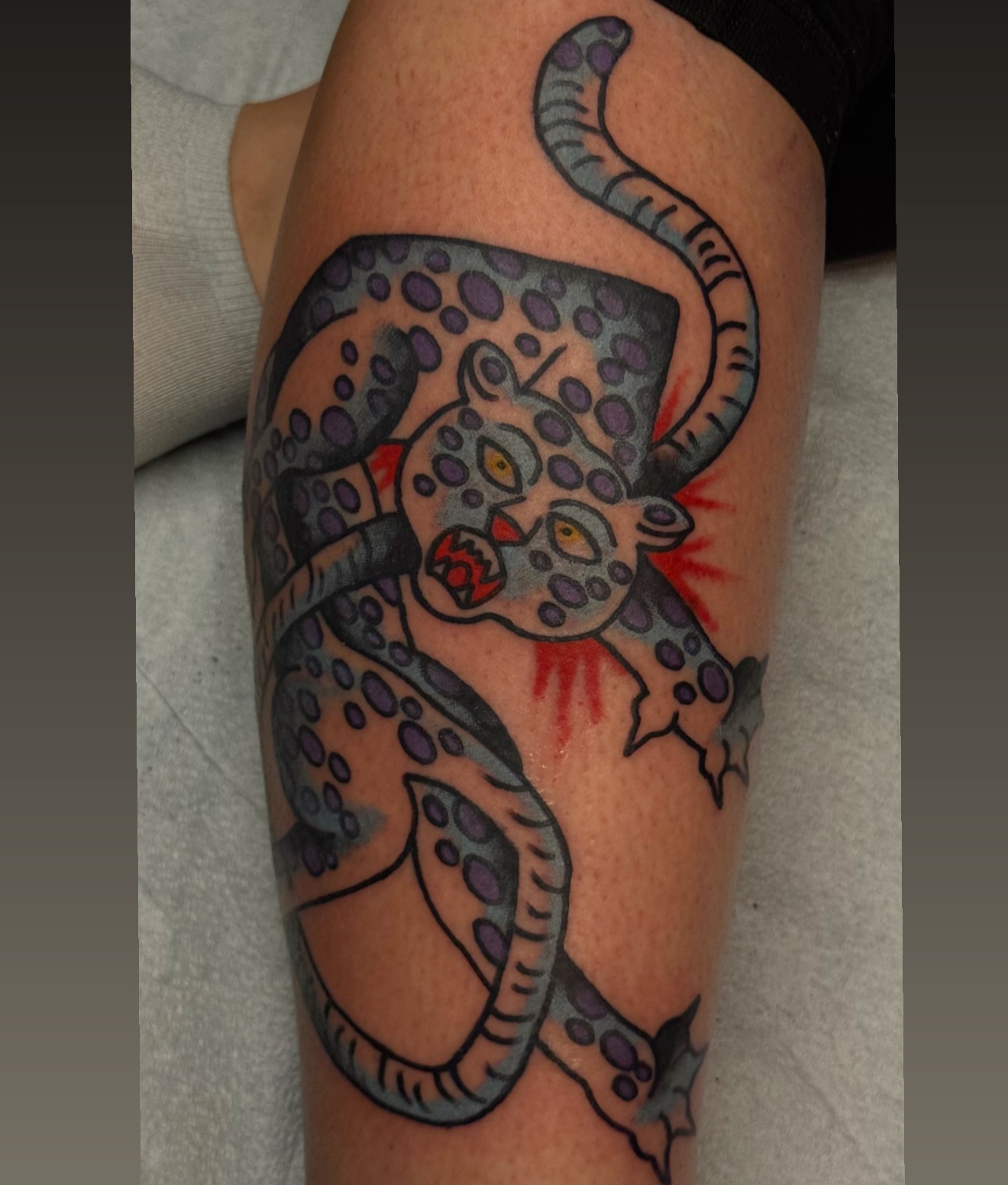Jaguar and snake American traditional tattoo on the forearm by Waylon