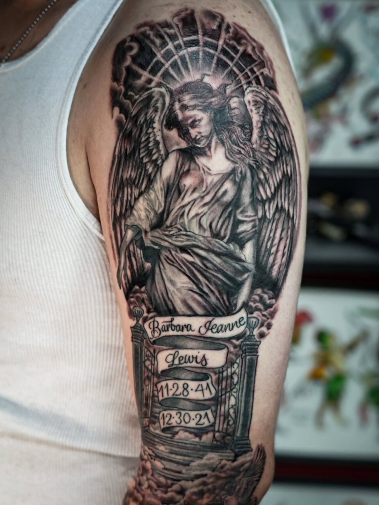 Angel statue realism tattoo on the forearm by Spicoli