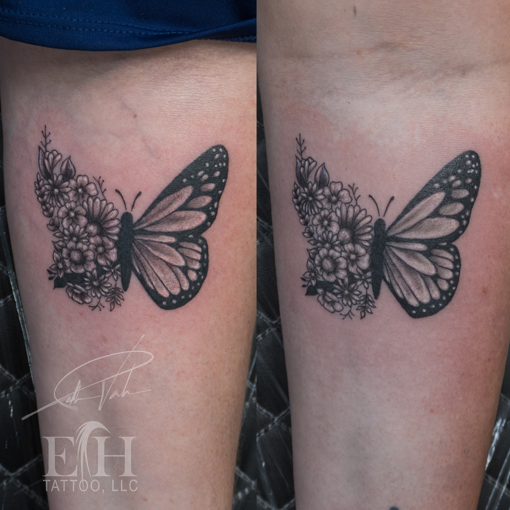 Butterfly with flowers fine line tattoo on the forearm by Donald Voelker