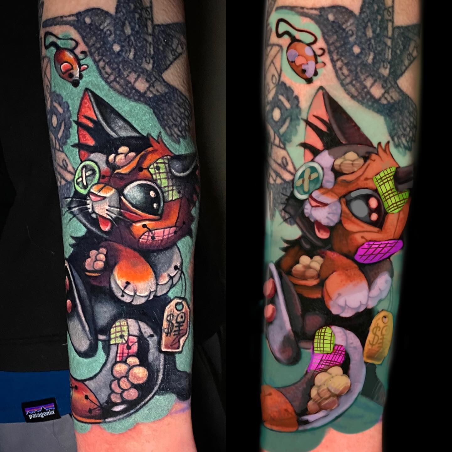 Cat new school tattoo on the forearm by Lindsay Hall