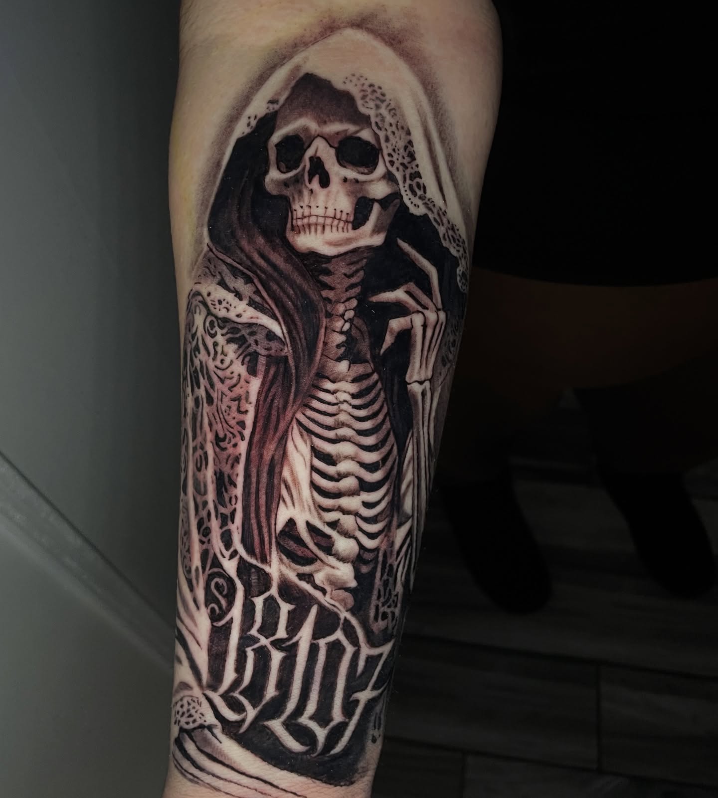 Reaper skeleton realism tattoo on the forearm by Vic