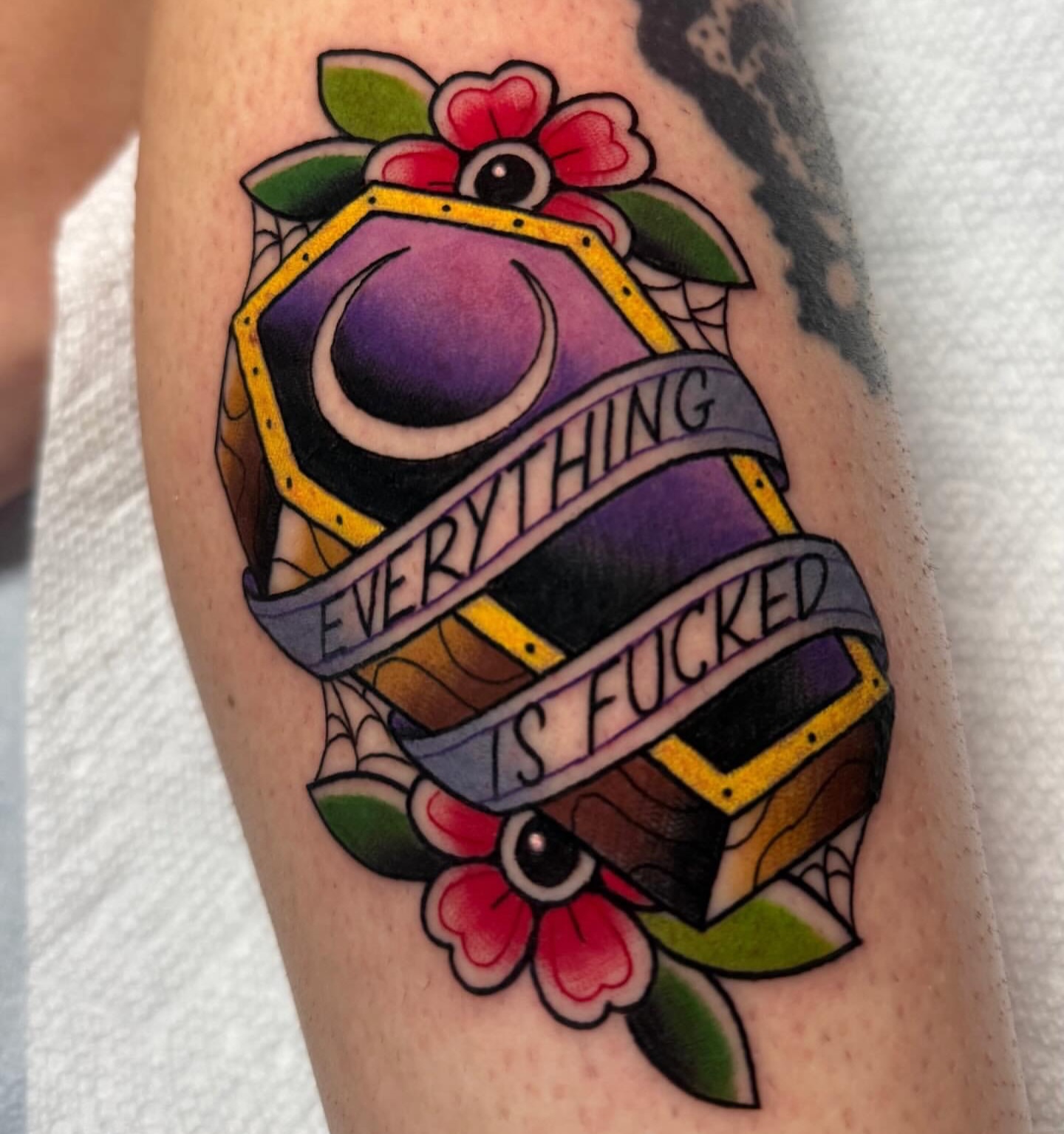 Hexagon with banner American traditional tattoo on the forearm by 𝔎𝔦𝔯𝔞 𝔅𝔦𝔰𝔥𝔬𝔭