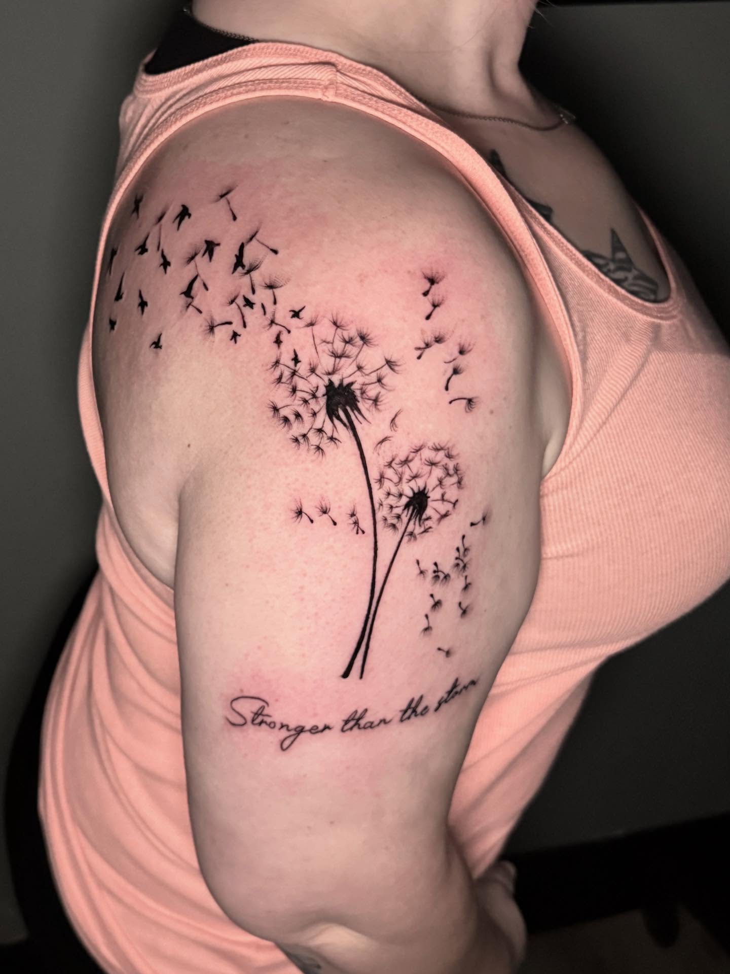 Dandelion seeds black and grey tattoo on the shoulder by INK with KIRON 🇳🇵 🇺🇸DTX, Dallas, Texas