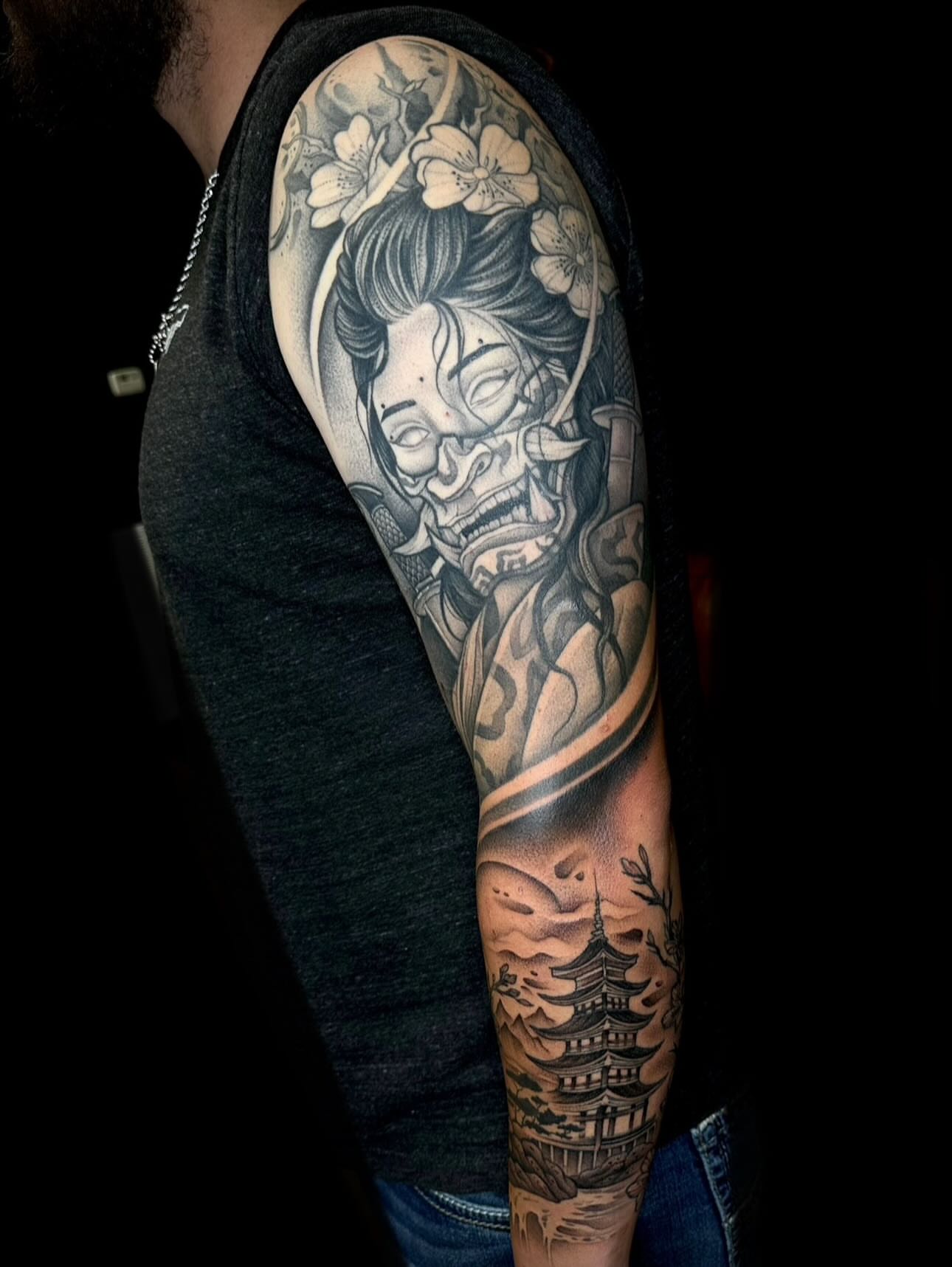 Geisha with flowers japanese irezumi tattoo on the forearm by Madison Orchard Tattoos