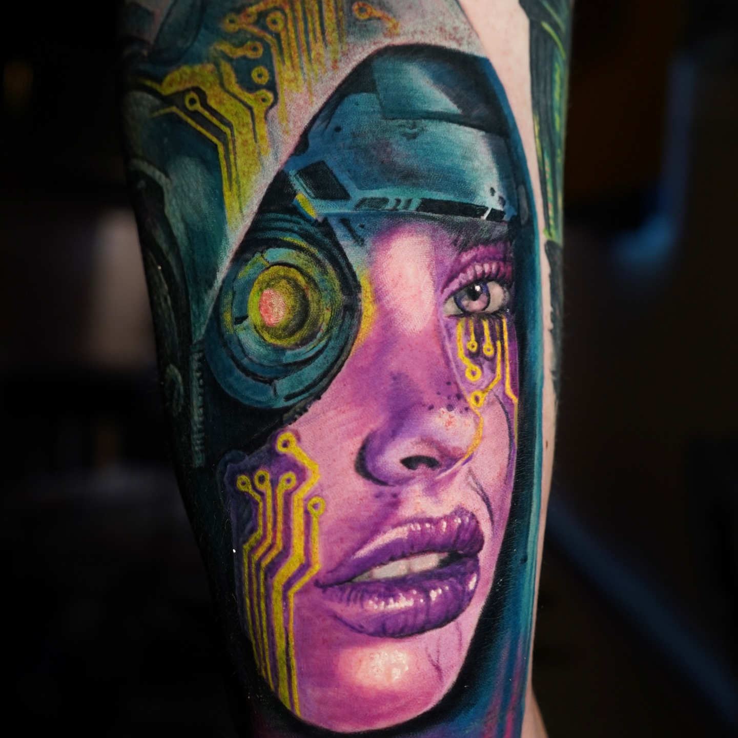 Cyborg woman realism tattoo on the forearm by Darl Gnau