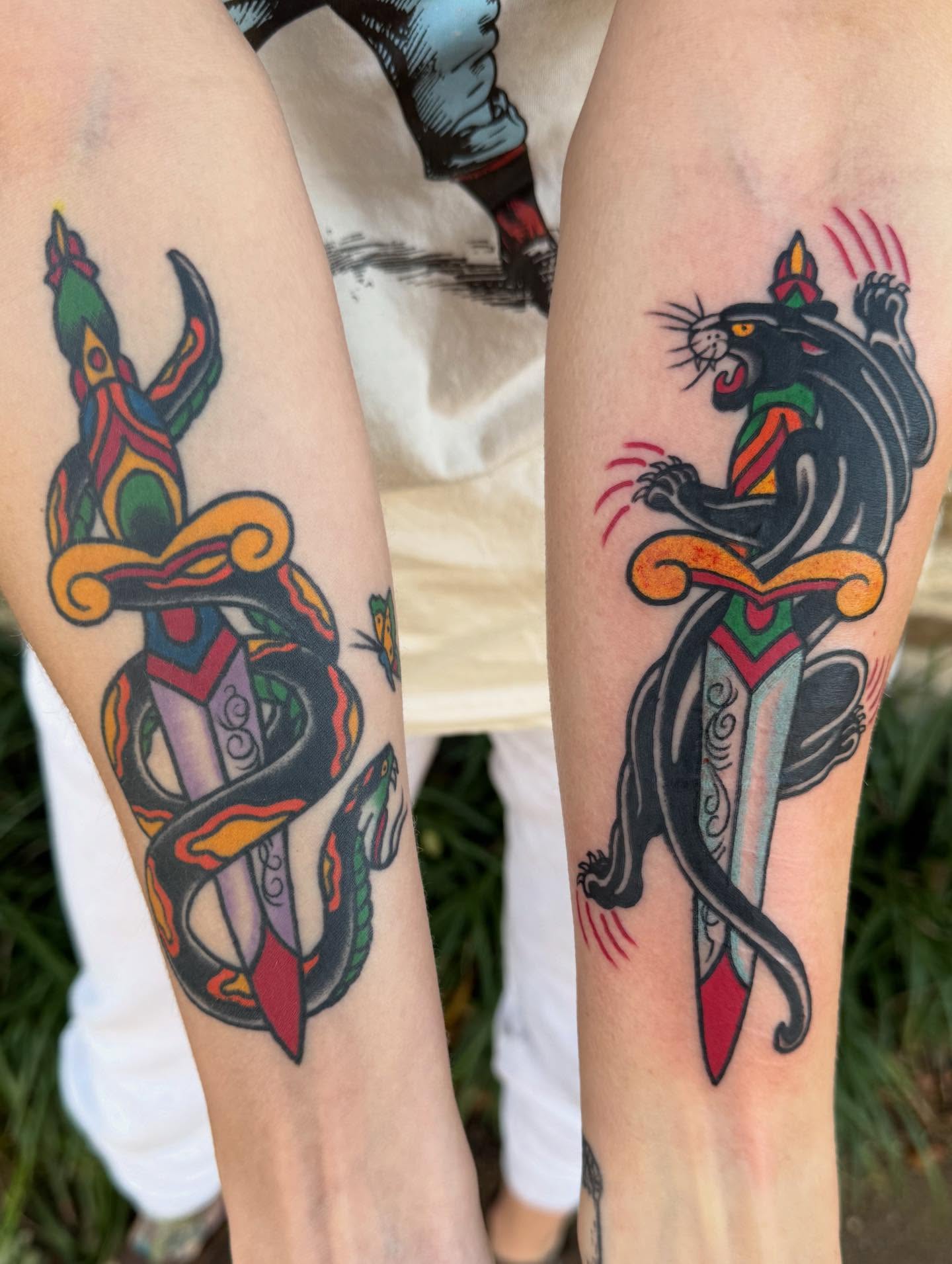 Snake and dagger American traditional tattoo on the forearm by Jeremy Justice, New Orleans, Louisiana