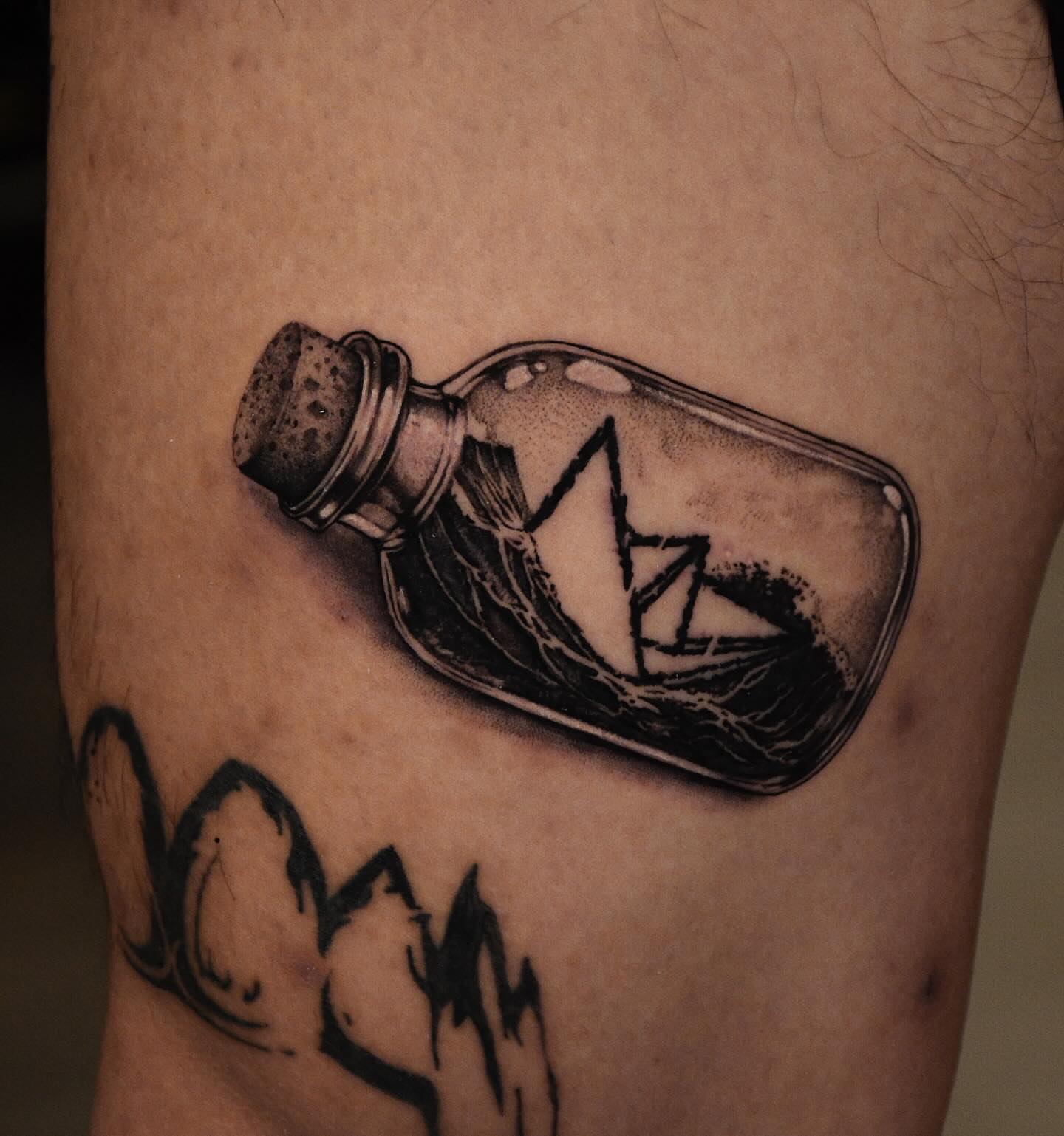 Ship in bottle realism tattoo on the forearm by Gary Zhong, Upland, California