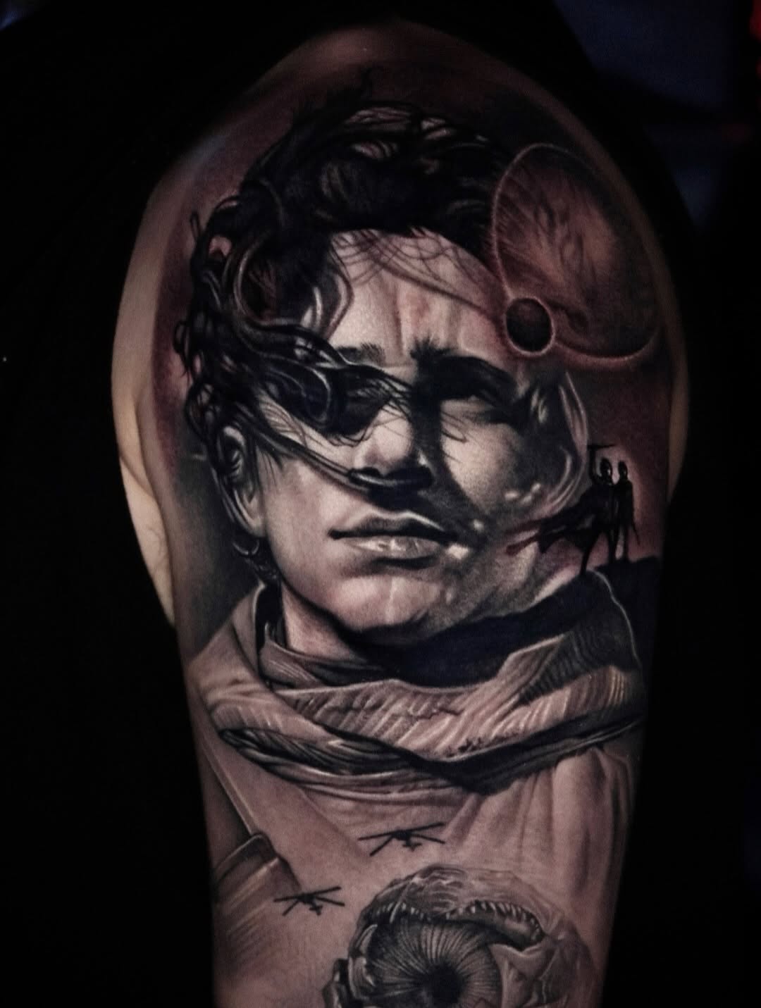 Portrait of Paul Atreides from Dune realism tattoo on the shoulder by D A N N y L I N