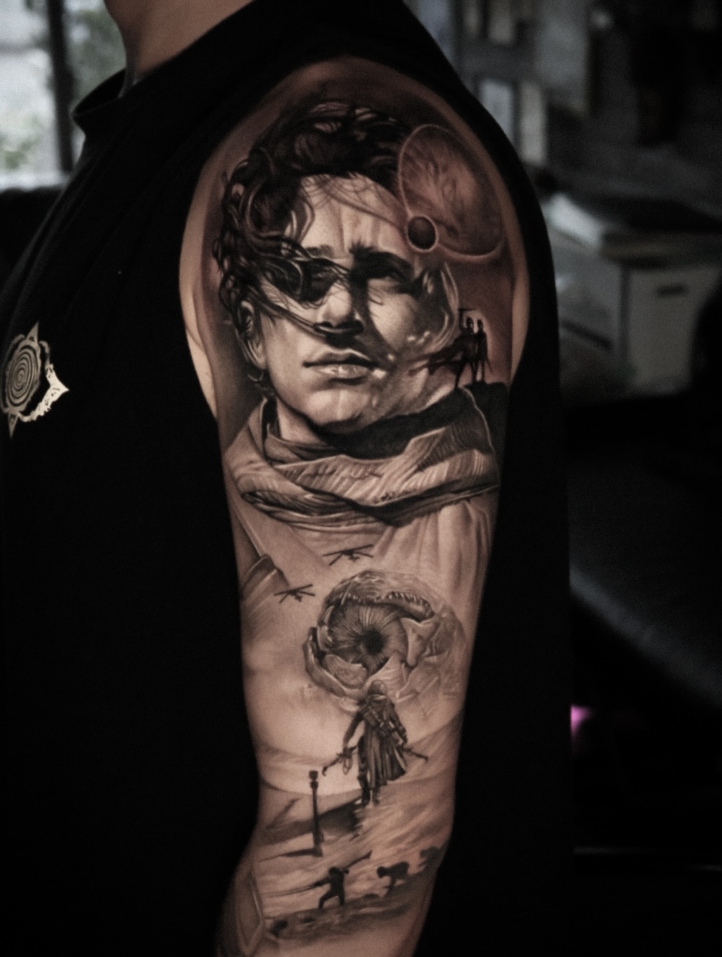 Portrait with desert landscape and eye surrealism tattoo on the forearm by D A N N y L I N