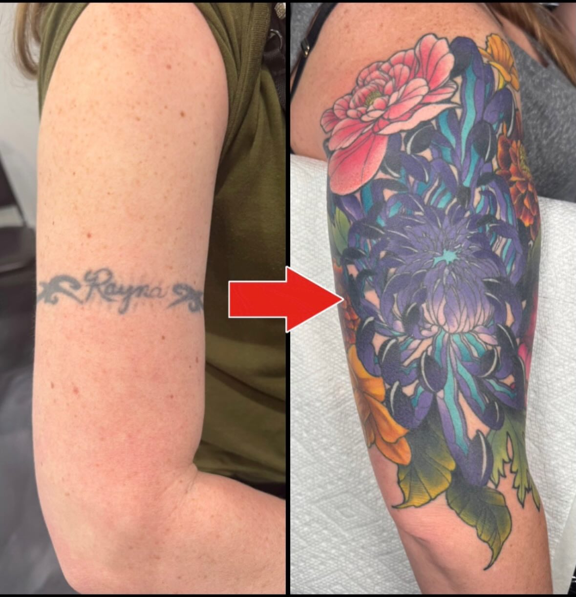 Floral bouquet new school tattoo on the forearm by Hannah Casadonti